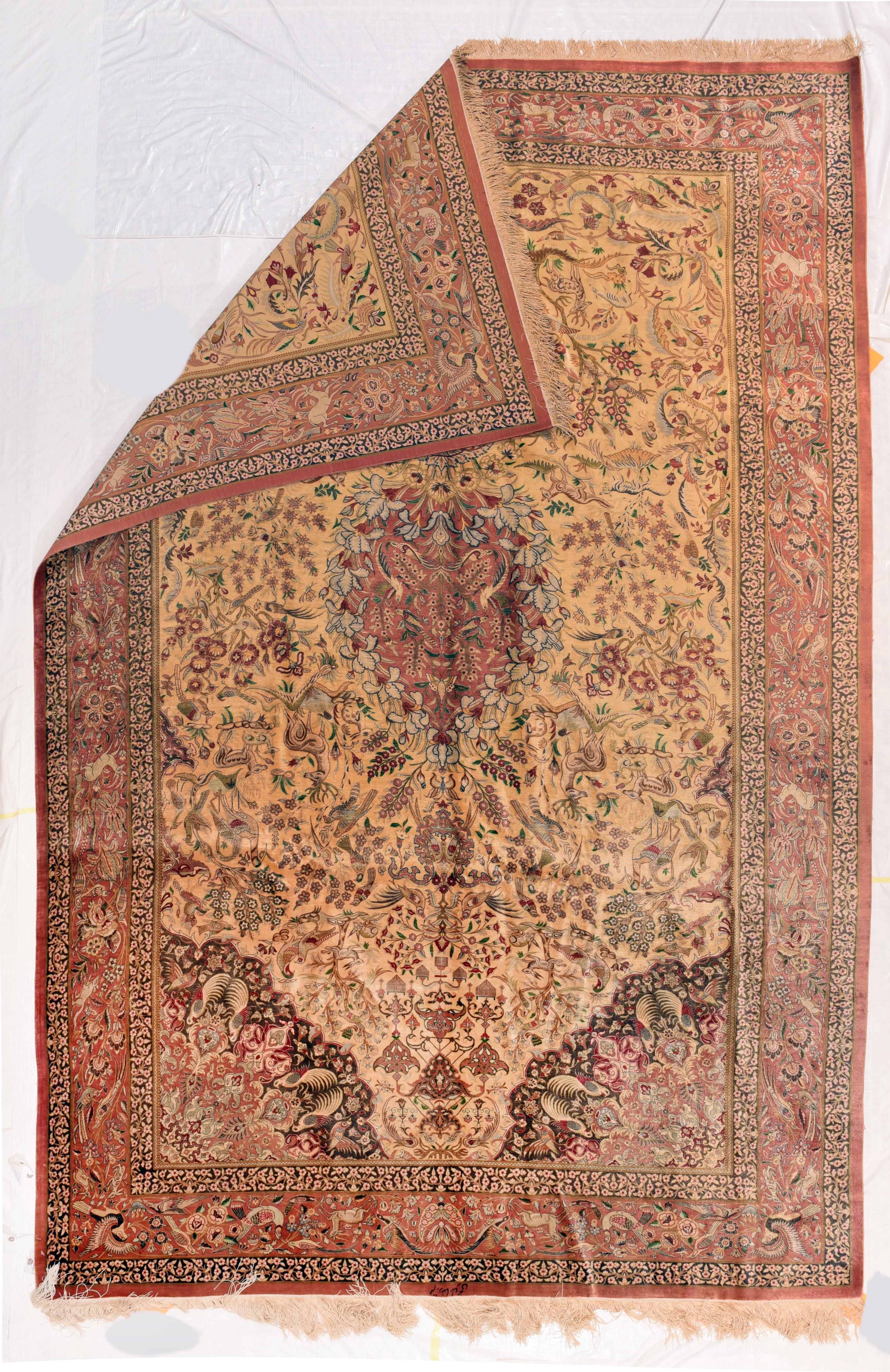 Hand-Knotted Fine Persian Silk Qum  For Sale