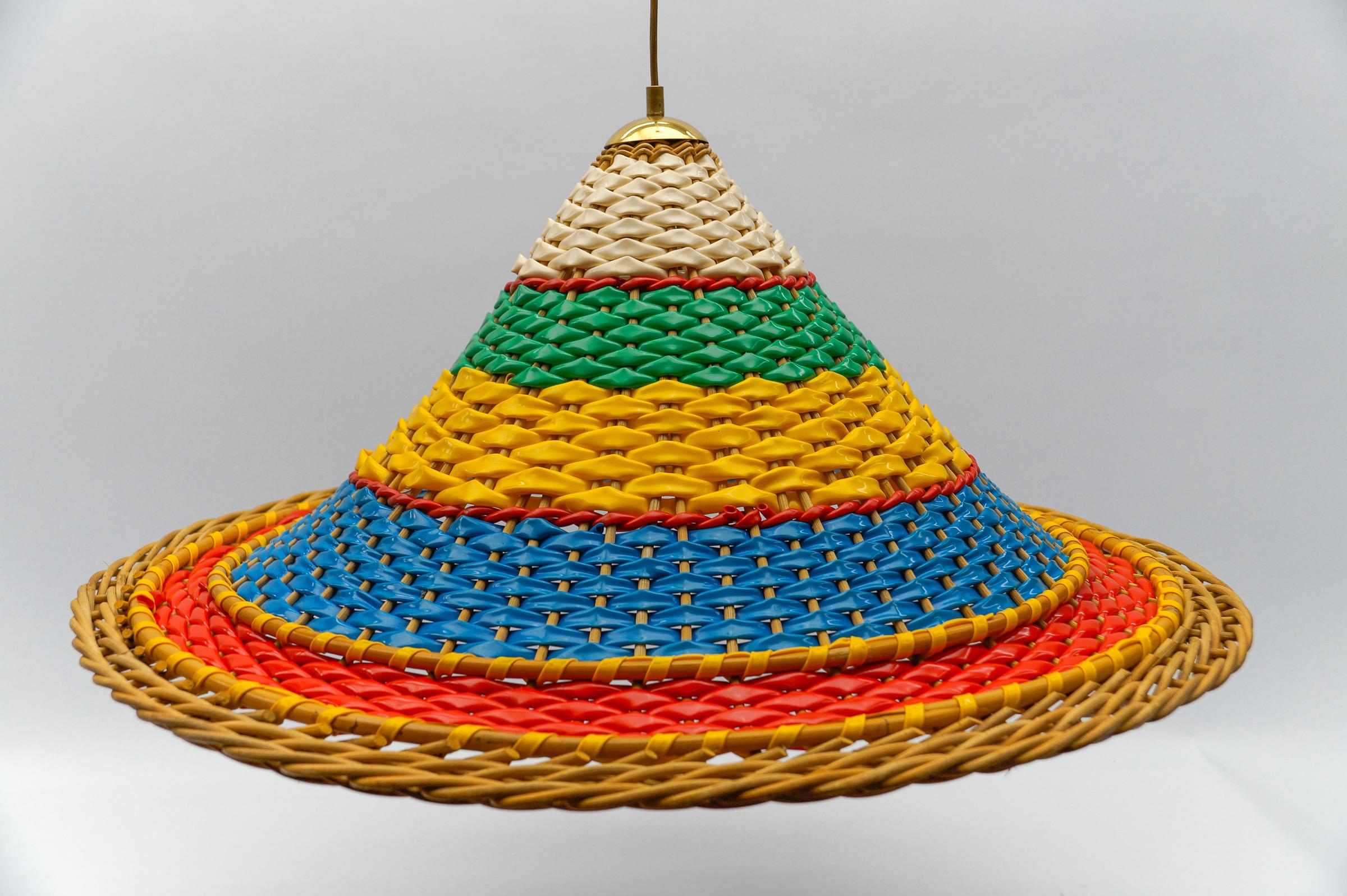Mexican Extremly Rare and Huge Rattan Sombrero Ceiling Lamp, 1950s  For Sale