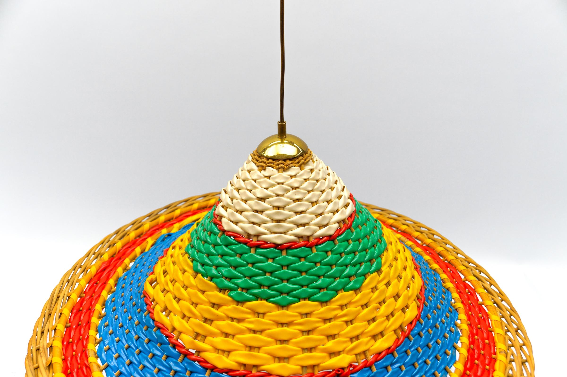 Mid-20th Century Extremly Rare and Huge Rattan Sombrero Ceiling Lamp, 1950s  For Sale