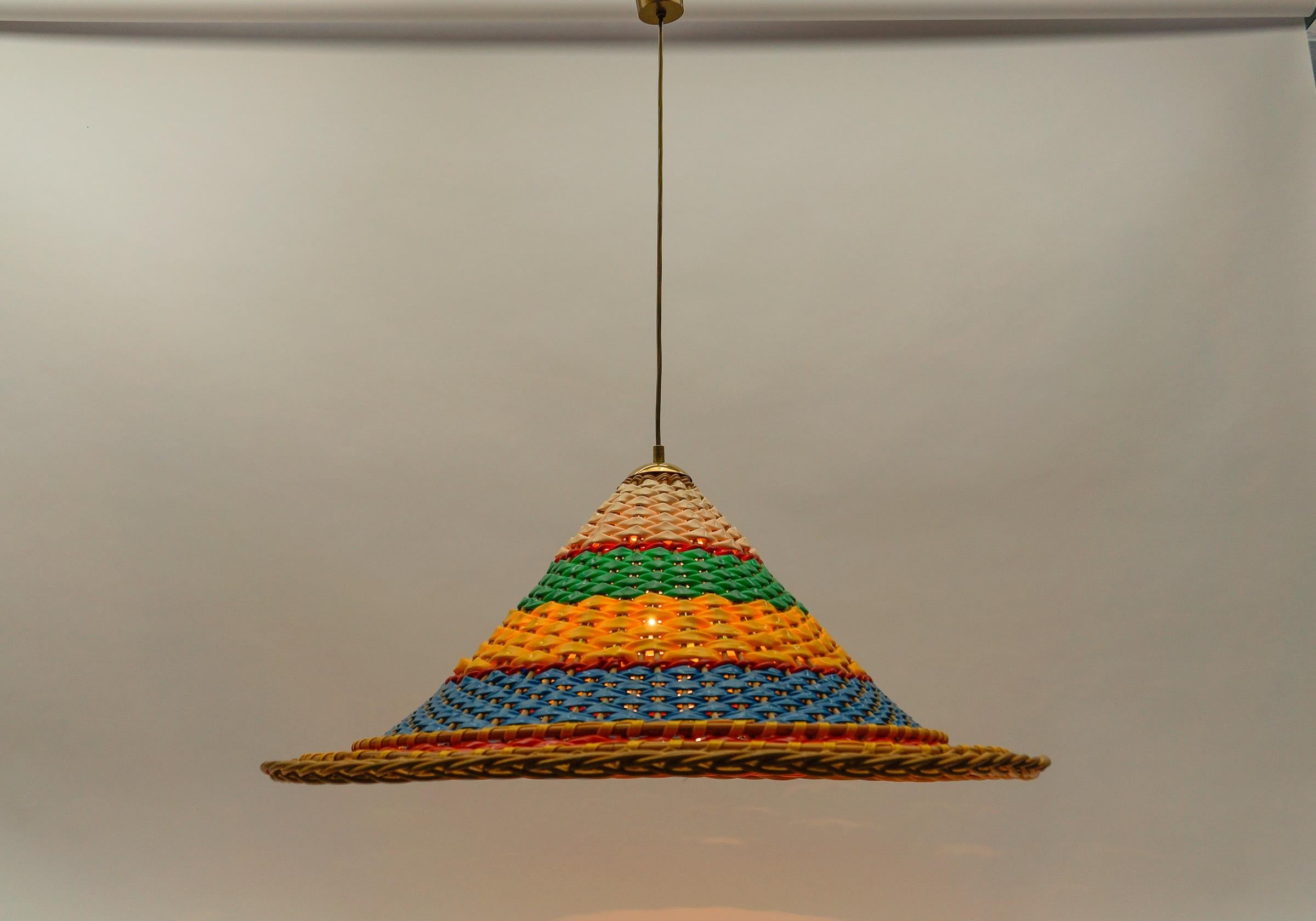 Metal Extremly Rare and Huge Rattan Sombrero Ceiling Lamp, 1950s  For Sale