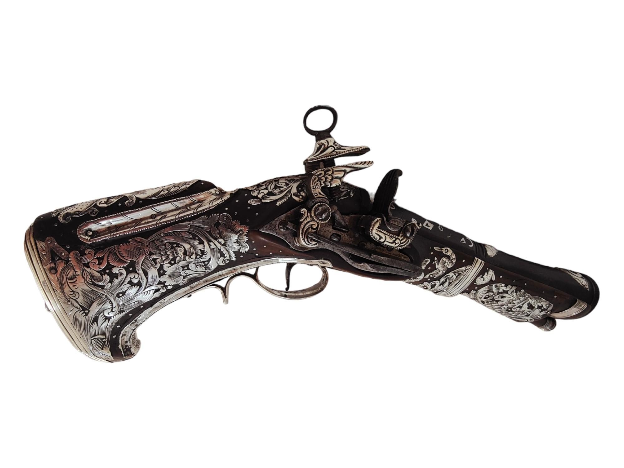 Extremly Rare Mexican Silver Miquelet-Lock Blunderbuss Belt Pistol Flintlock For Sale 9
