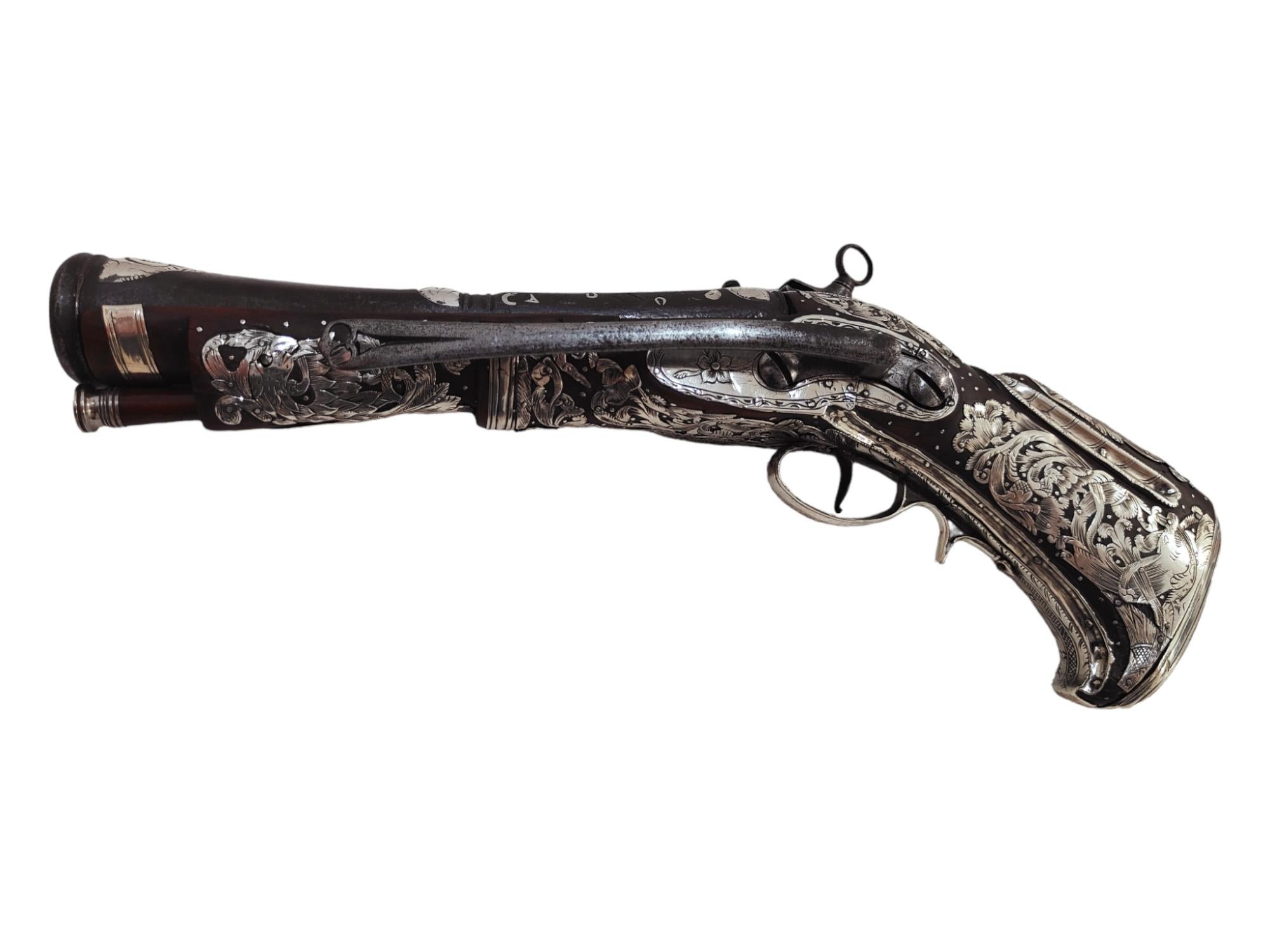 Sterling Silver Extremly Rare Mexican Silver Miquelet-Lock Blunderbuss Belt Pistol Flintlock For Sale