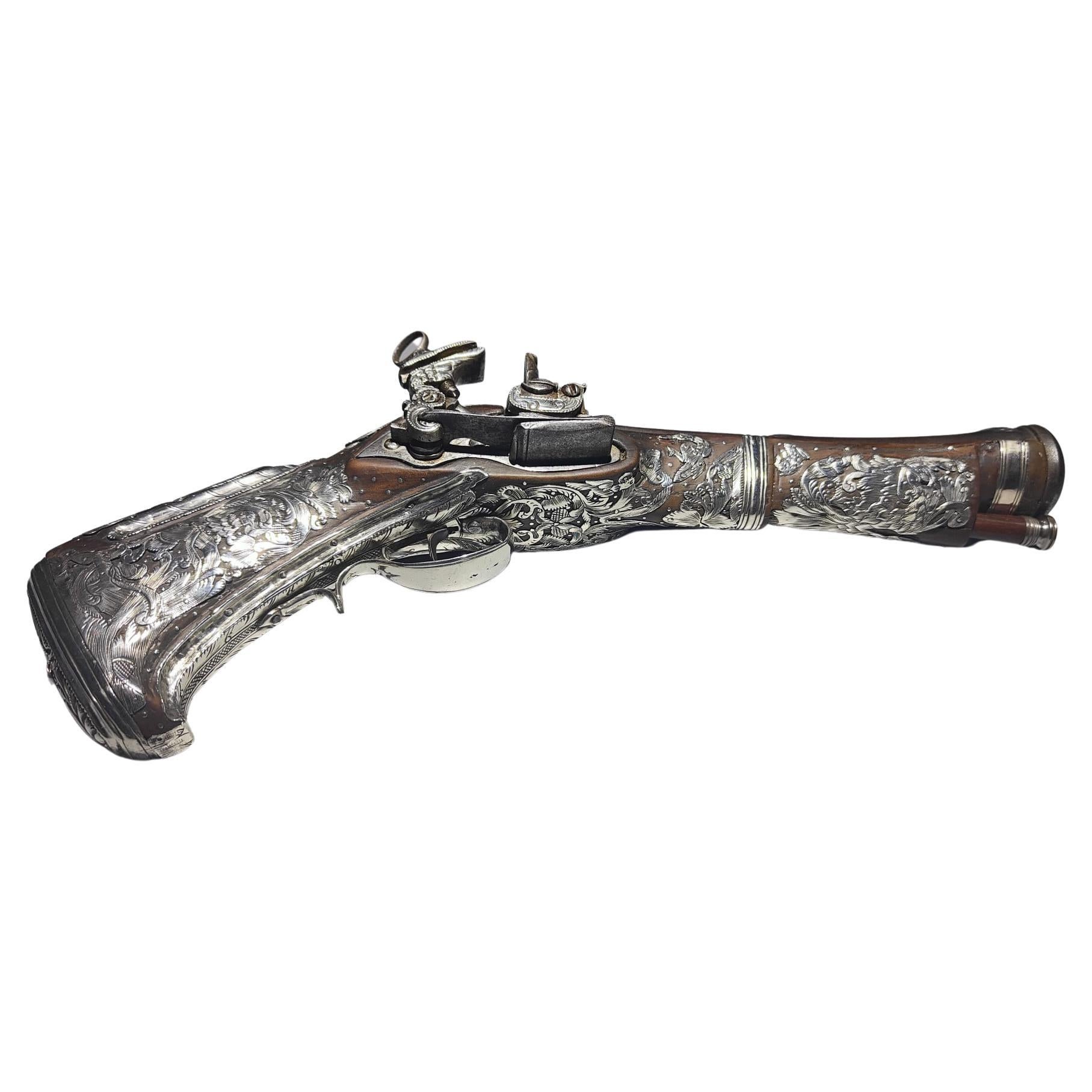 Extremly Rare Mexican Silver Miquelet-Lock Blunderbuss Belt Pistol Flintlock For Sale