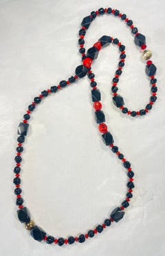 Exù Necklace with Blown Black Glass, Vintage Coral Glass & Brass - 70 cm, 410 g