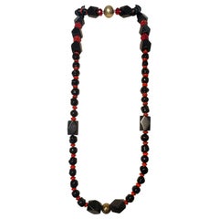 Exù Necklace with Blown Black Glass, Vintage Coral Glass & Brass - 70 cm, 410 g