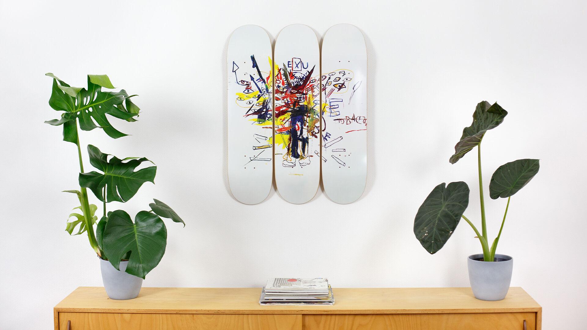 The Skateroom w/ Jean-Michel Basquiat Estate
Based on Exu, 1988.
Set of three skateboard decks.
7-Ply Canadian Maplewood with screen-print
Each deck: 31 H x 8 inches,
installed dimensions: approx. 31 H x 26 inches.
Mounting hardware