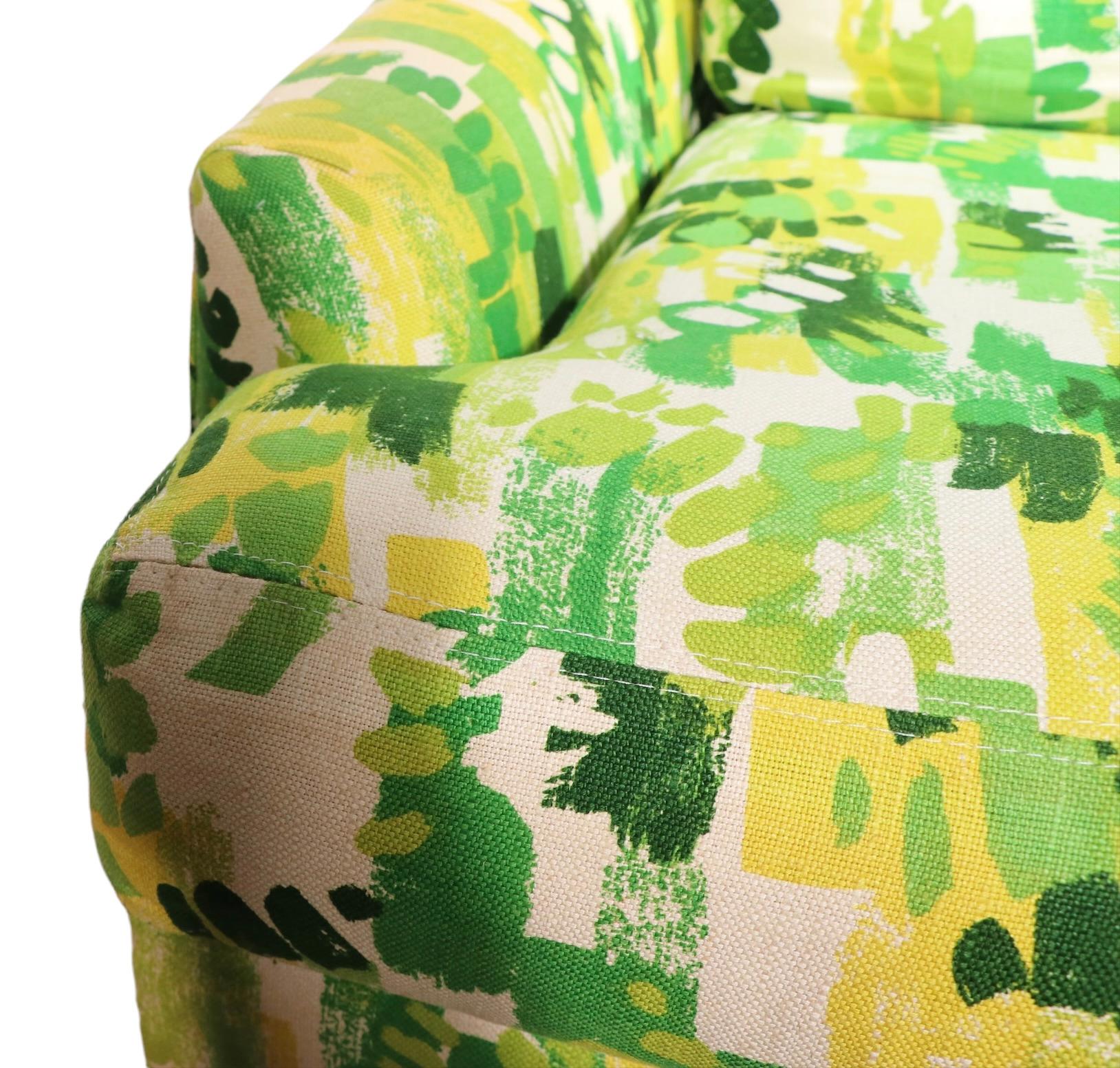 Upholstery Exuberant Green Print Fabric Swivel Lounge Chair by Selling of Monroe Ca 1970's For Sale