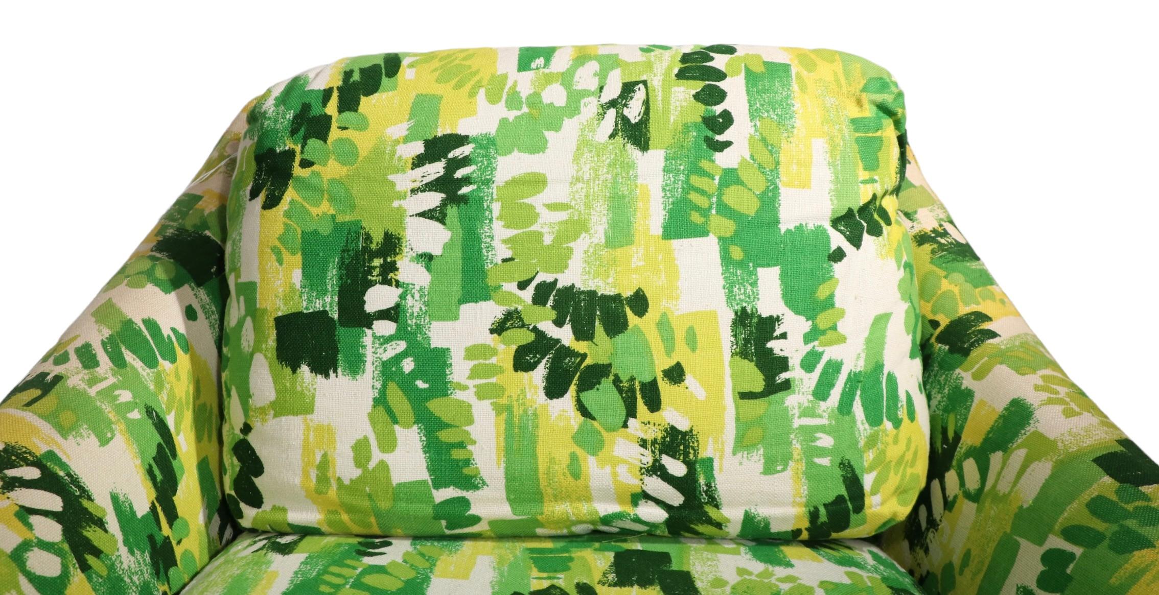 Exuberant Green Print Fabric Swivel Lounge Chair by Selling of Monroe Ca 1970's For Sale 1