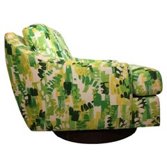 Retro Exuberant Green Print Fabric Swivel Lounge Chair by Selling of Monroe Ca 1970's