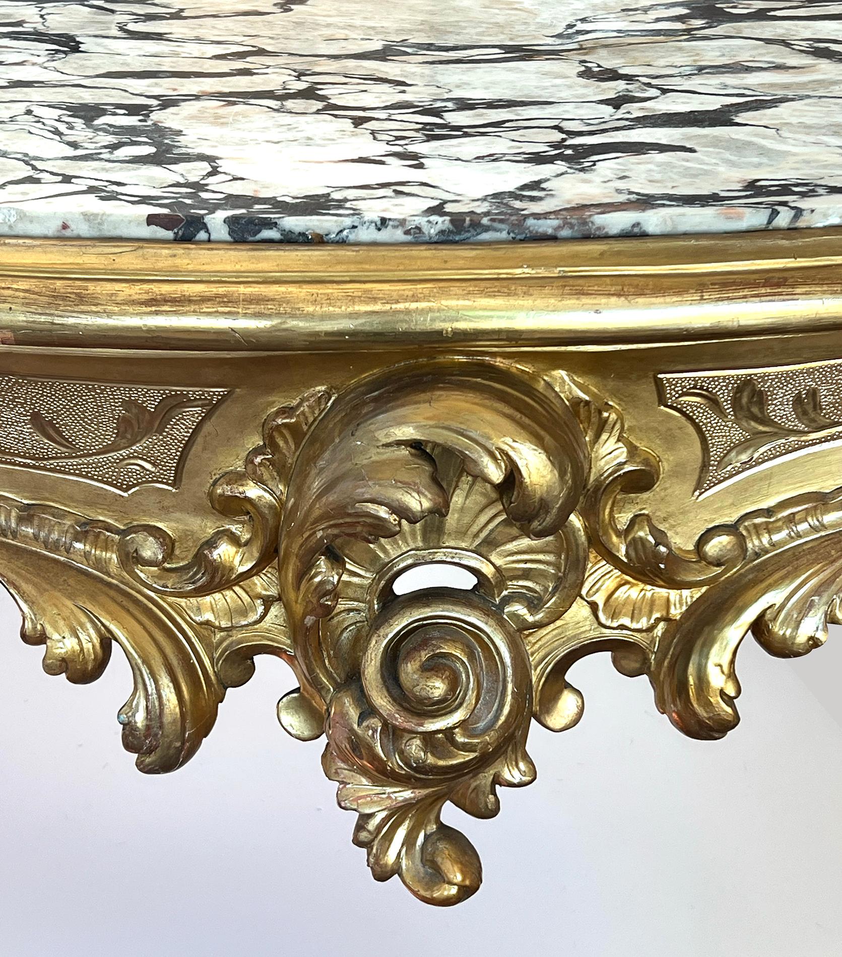 Carved Exuberantly-carved French Rococo Revival Giltwood Console Table with Marble Top For Sale
