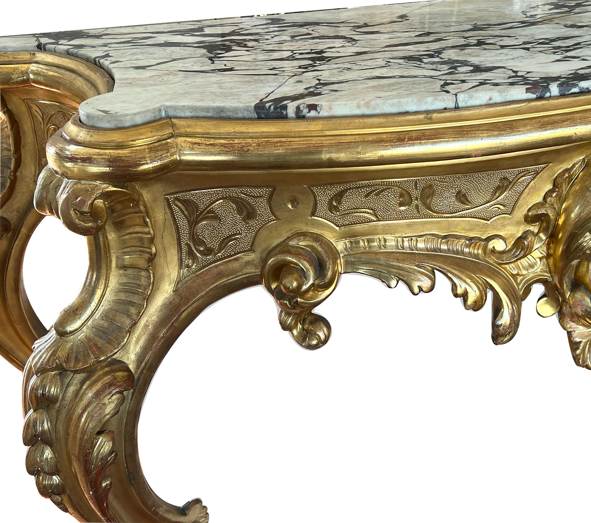 Exuberantly-carved French Rococo Revival Giltwood Console Table with Marble Top In Good Condition For Sale In San Francisco, CA