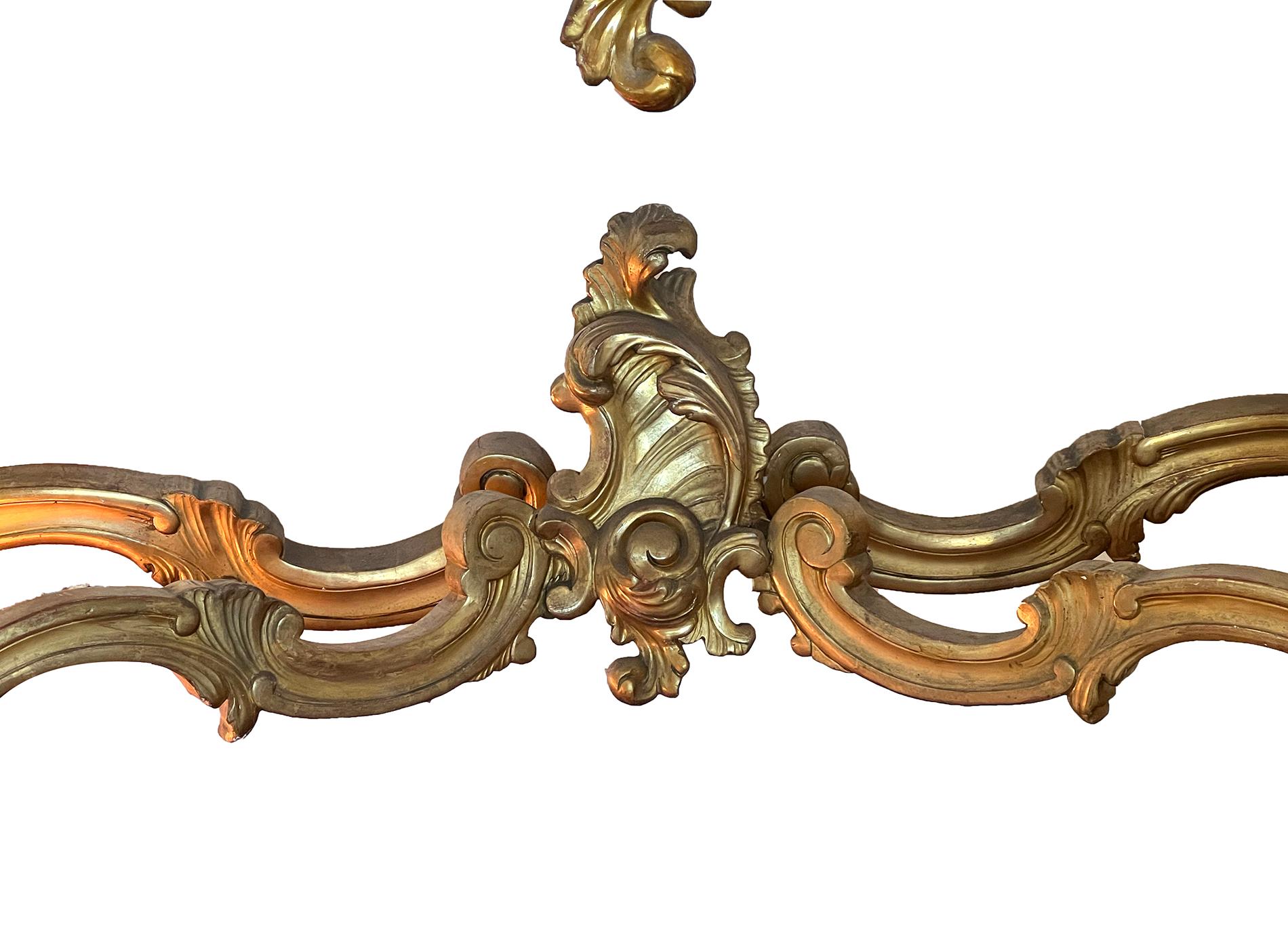 Exuberantly-carved French Rococo Revival Giltwood Console Table with Marble Top For Sale 1