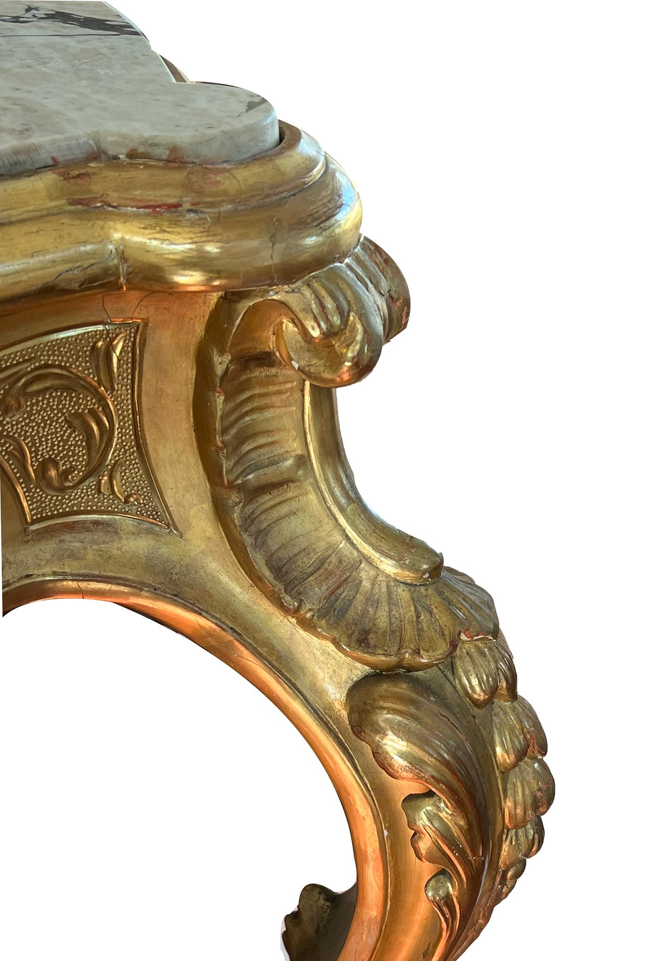 Exuberantly-carved French Rococo Revival Giltwood Console Table with Marble Top 3