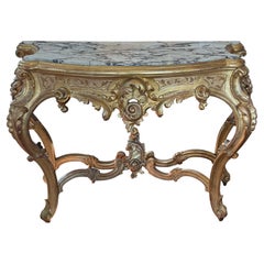 Antique Exuberantly-carved French Rococo Revival Giltwood Console Table with Marble Top