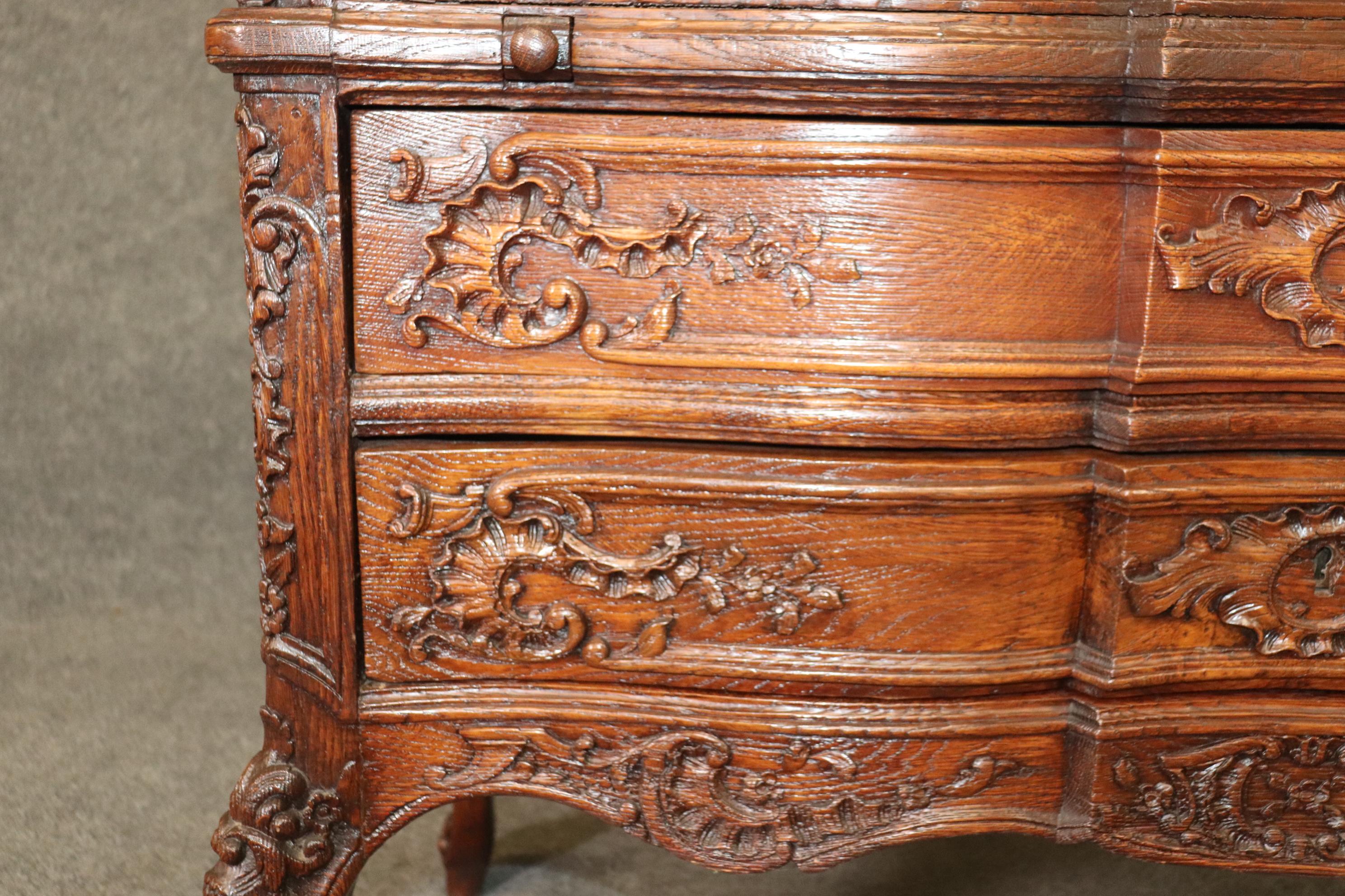 Exuberantly Carved Oak French Louis XV Secretary Desk Circa 1900 For Sale 7