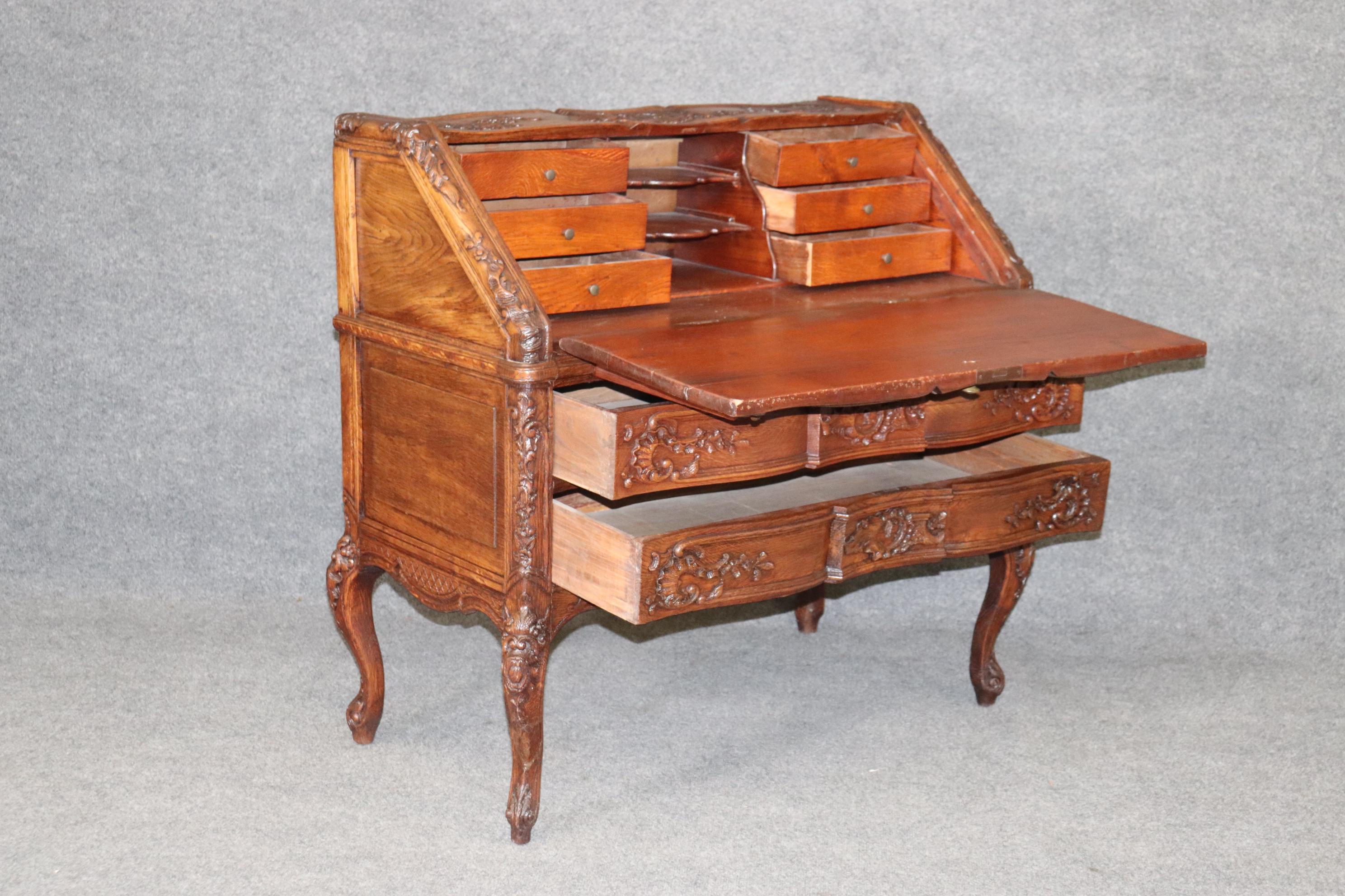 Exuberantly Carved Oak French Louis XV Secretary Desk Circa 1900 In Good Condition For Sale In Swedesboro, NJ