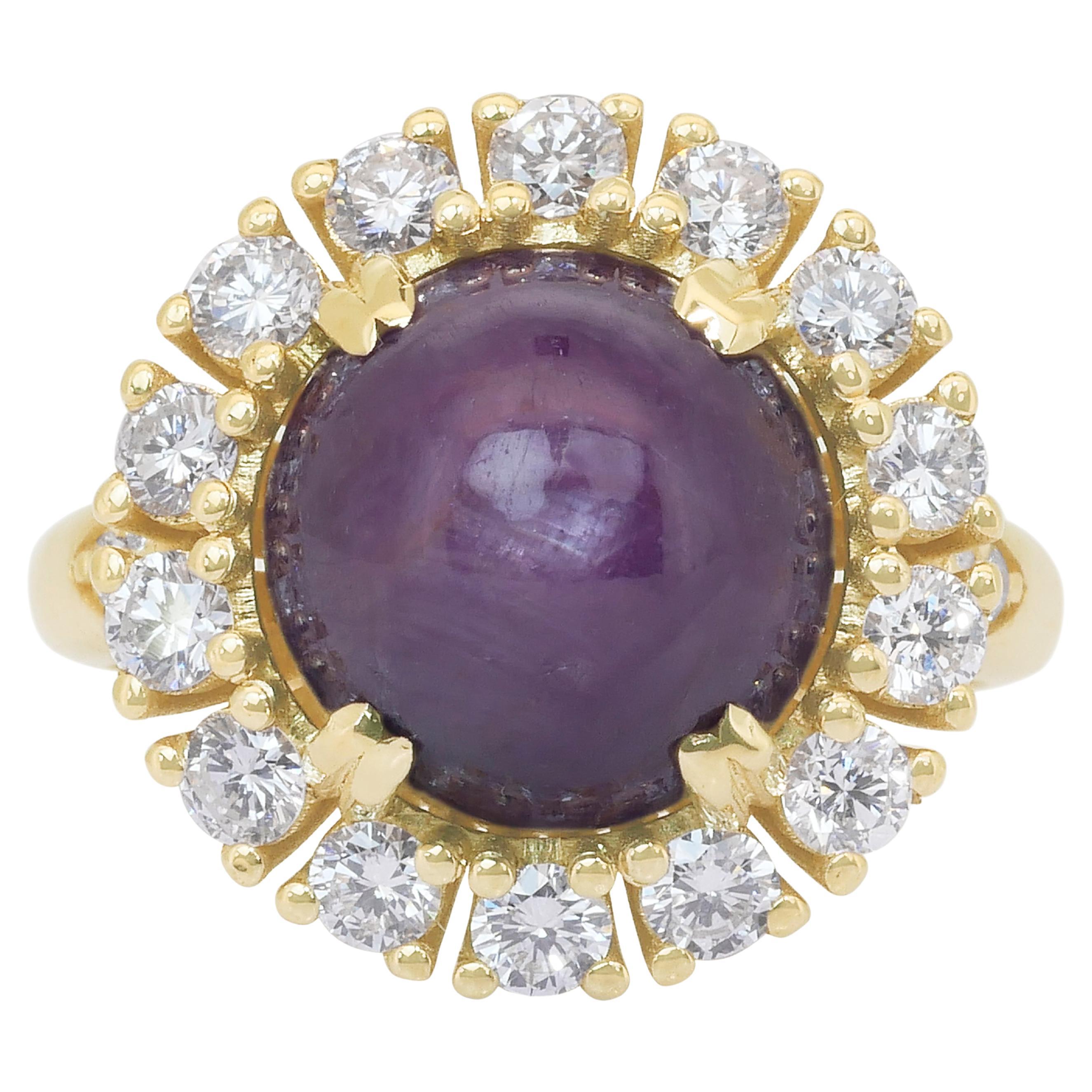 Atractivo Anillo de Cóctel de Zafiro Estrella Raro y Diamantes de 12,52 ct