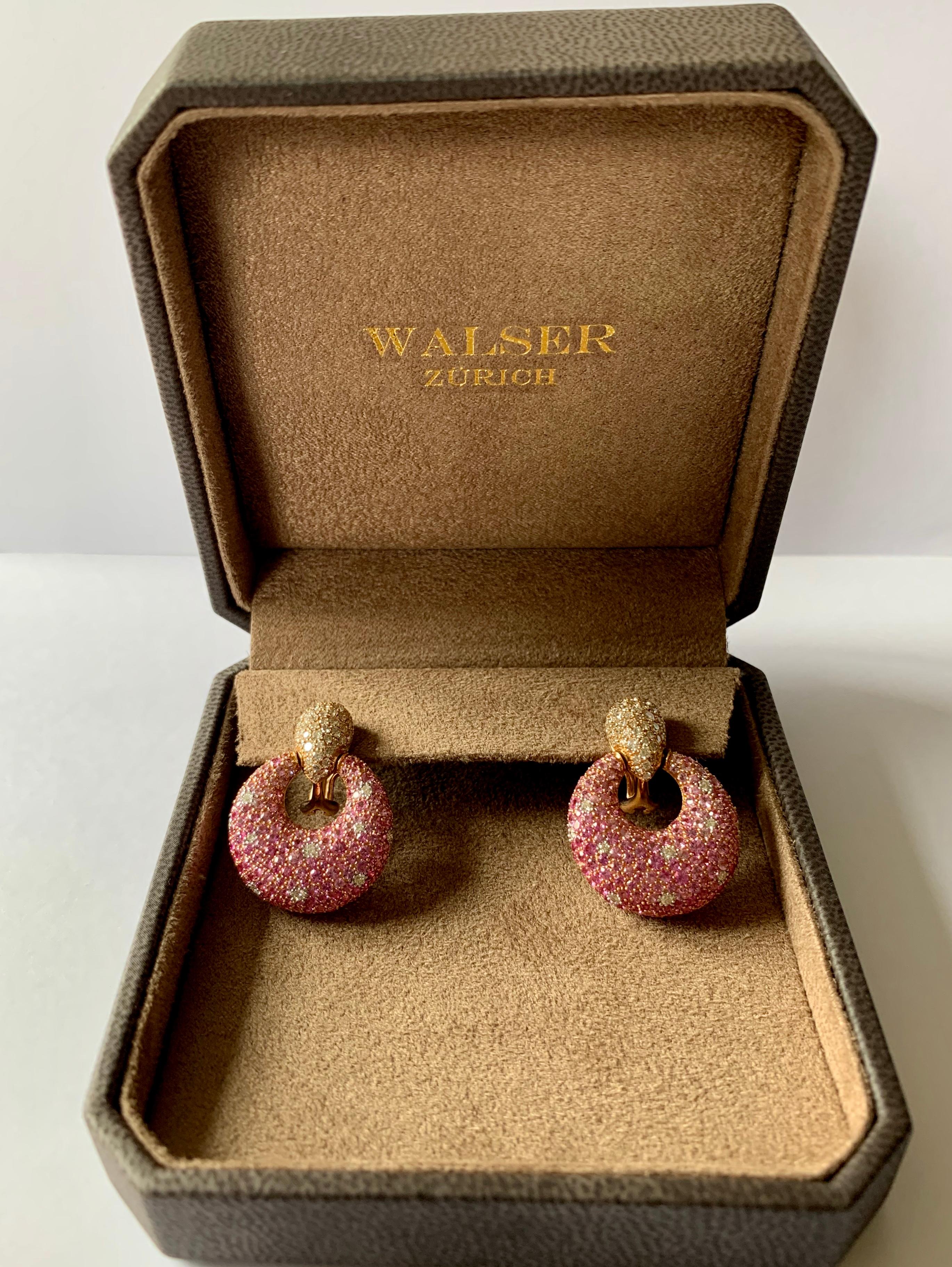 Gorgeous 18 K pink Gold earrings featuring 415 pave set pink Sapphires with a weight of 7.80 ct and 142 pave set brilliant cut Diamonds weighing 1.89 ct, G color, vs clarity. 
Beautiful color combination!
Authenticity and money back is guaranteed. 
