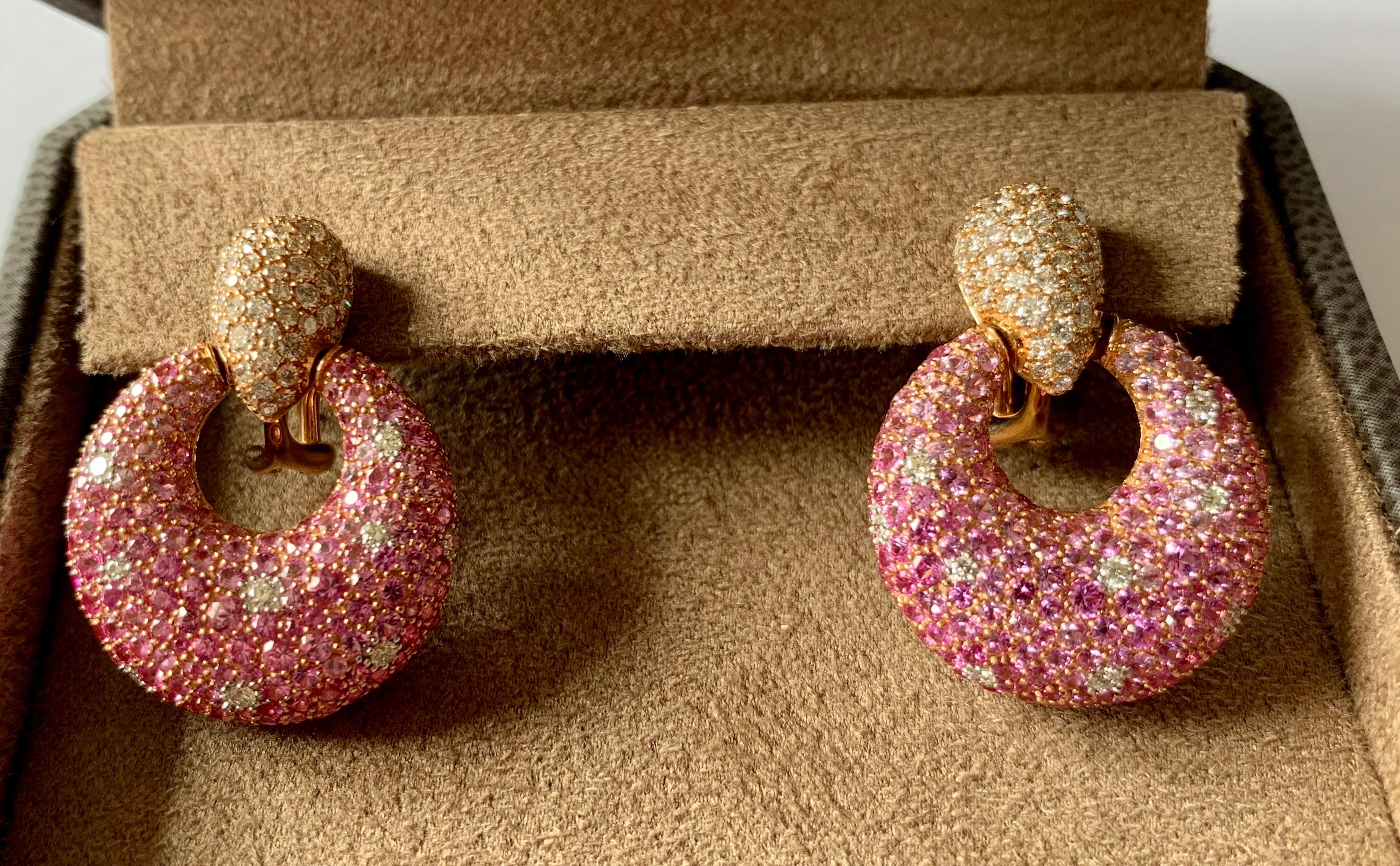Contemporary Eye-catching 18 Karat Pink Gold Earrings Pink Sapphire and Diamonds For Sale