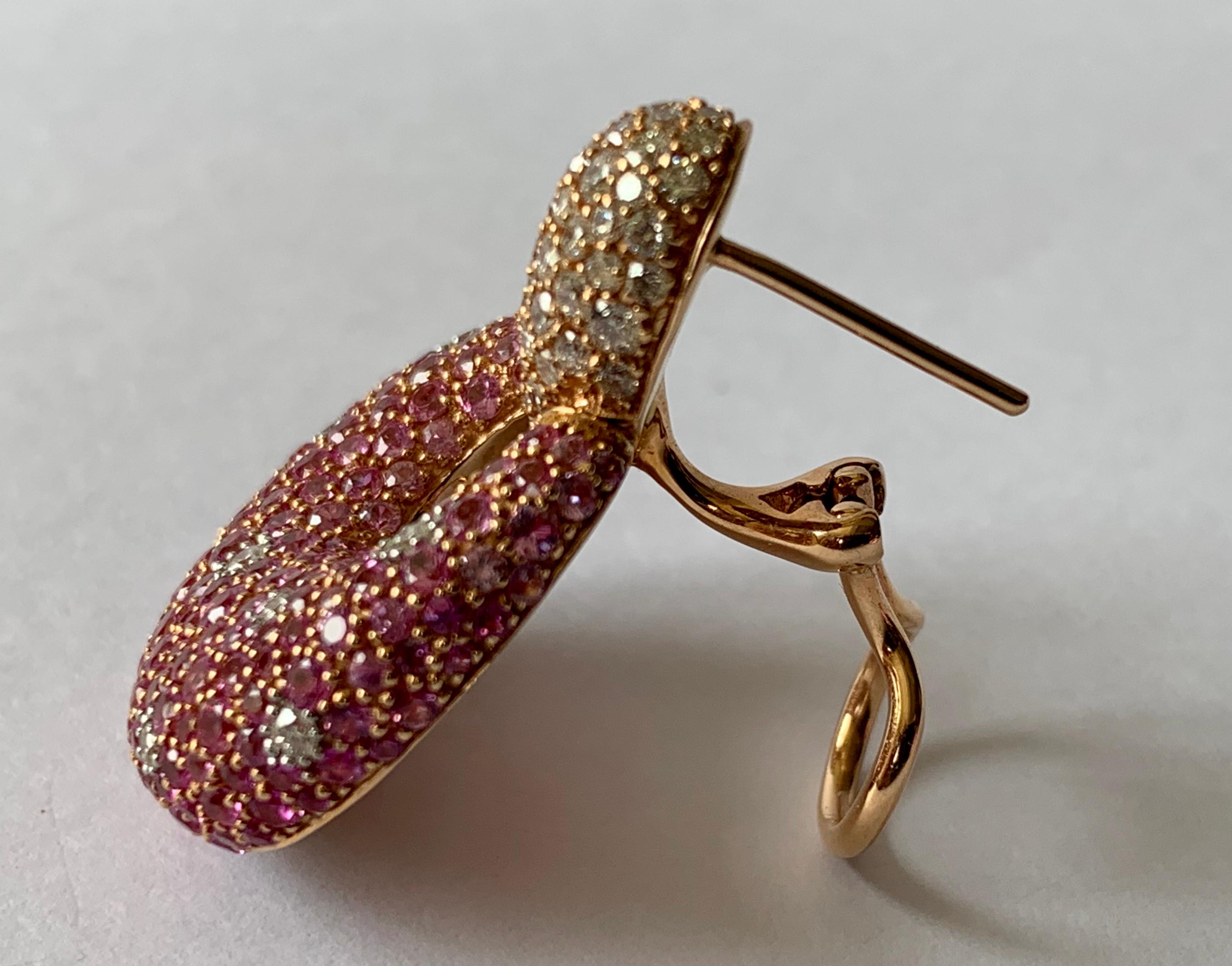 Women's or Men's Eye-catching 18 Karat Pink Gold Earrings Pink Sapphire and Diamonds For Sale