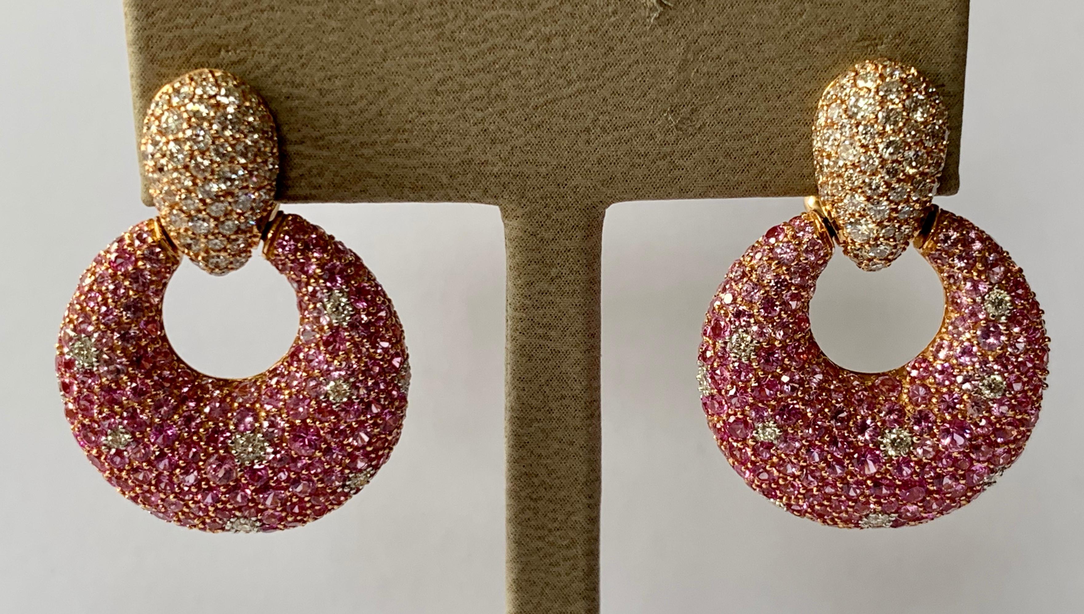 Eye-catching 18 Karat Pink Gold Earrings Pink Sapphire and Diamonds For Sale 2