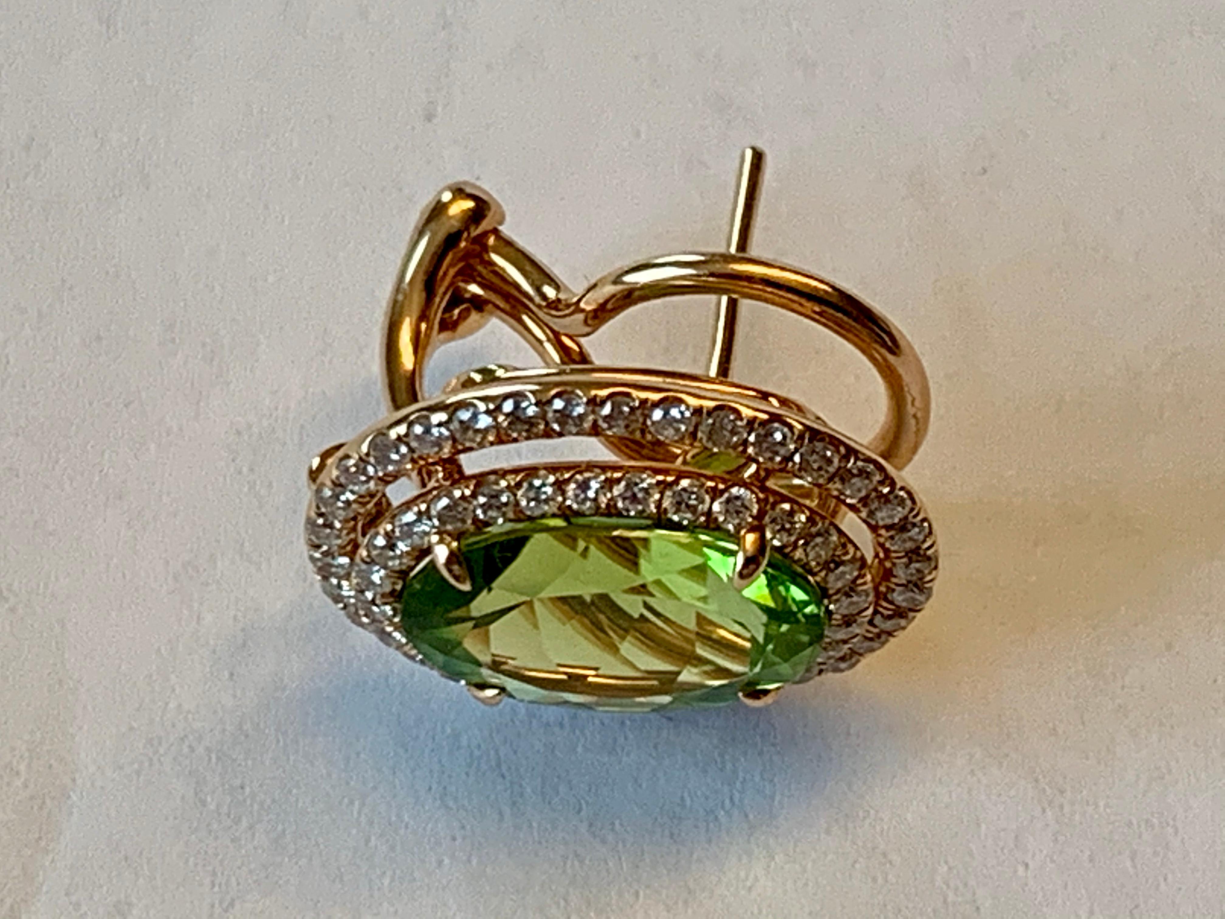 Eye-Catching 18 Karat Rose Gold Double Row Diamonds and Peridot Halo Earrstuds For Sale 1