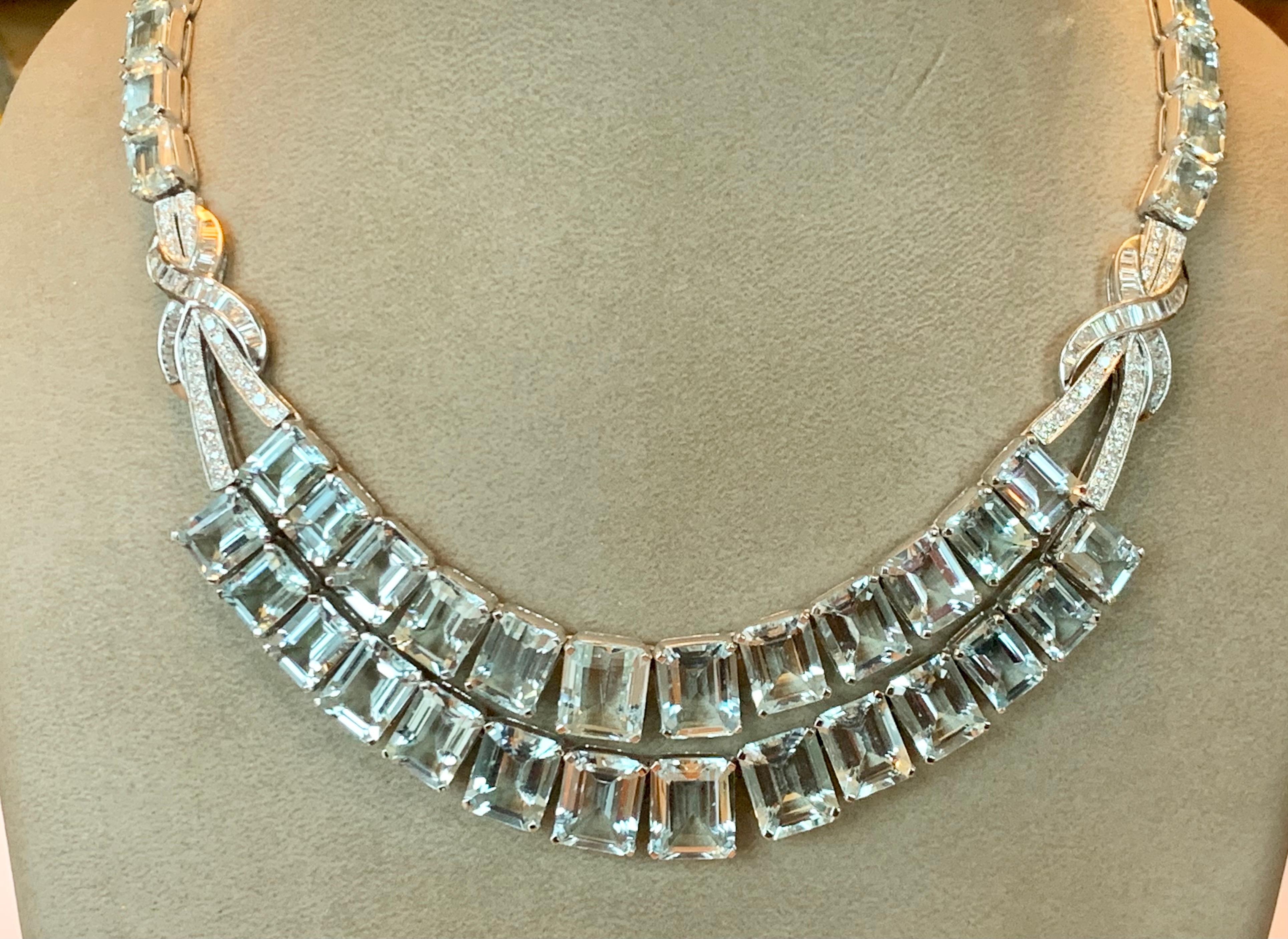 18 Karat White Gold Vintage Diamond and Aquamarine Necklace For Sale 3