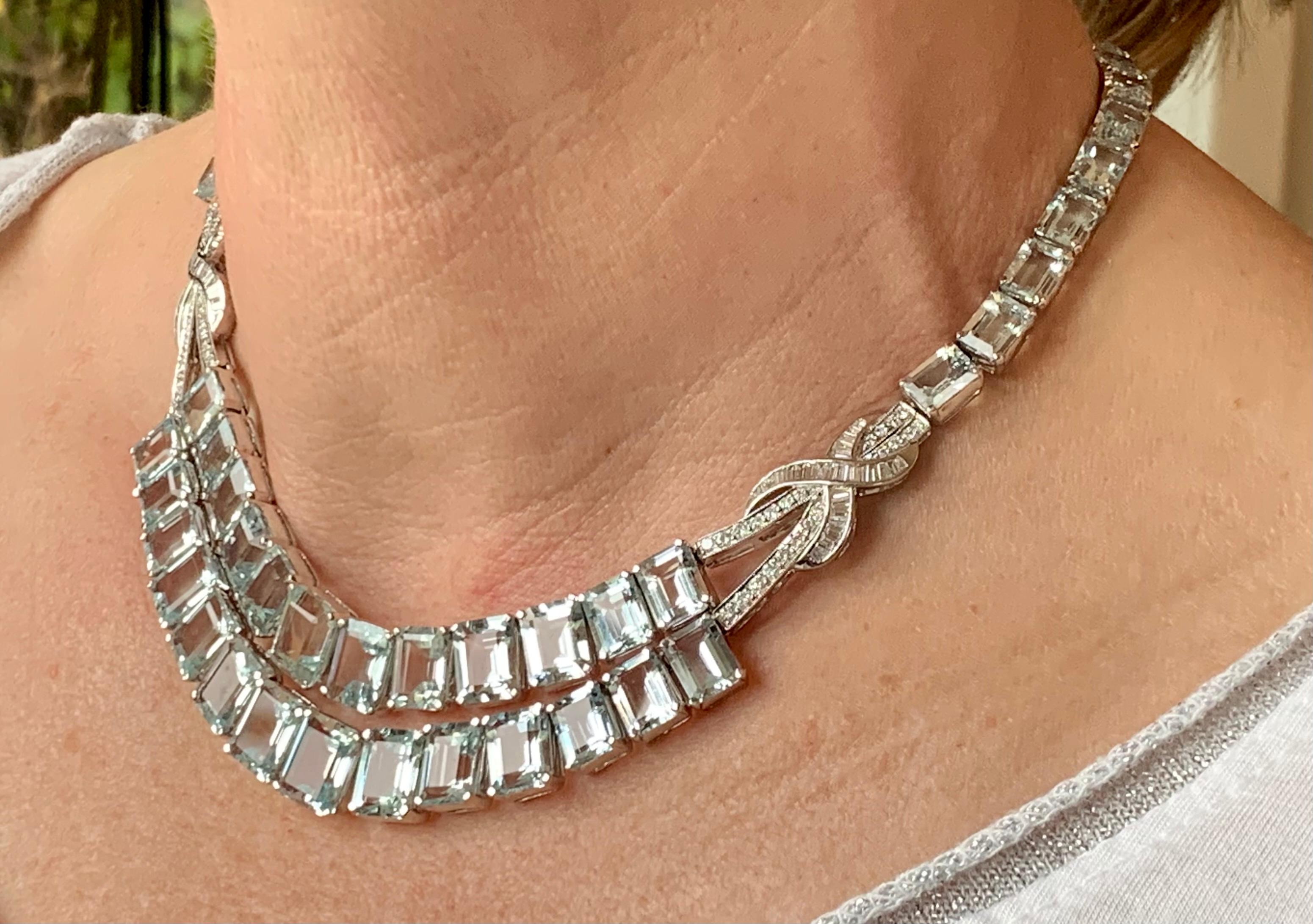 18 K white Gold Vintage necklace, set with 55 Aquamarines with a total weight of 158.60 ct and Diamonds weighing 2.48 ct. 
Length: 39 cm
Authenticity and money back is guaranteed. For any enquires, please contact the seller through the message