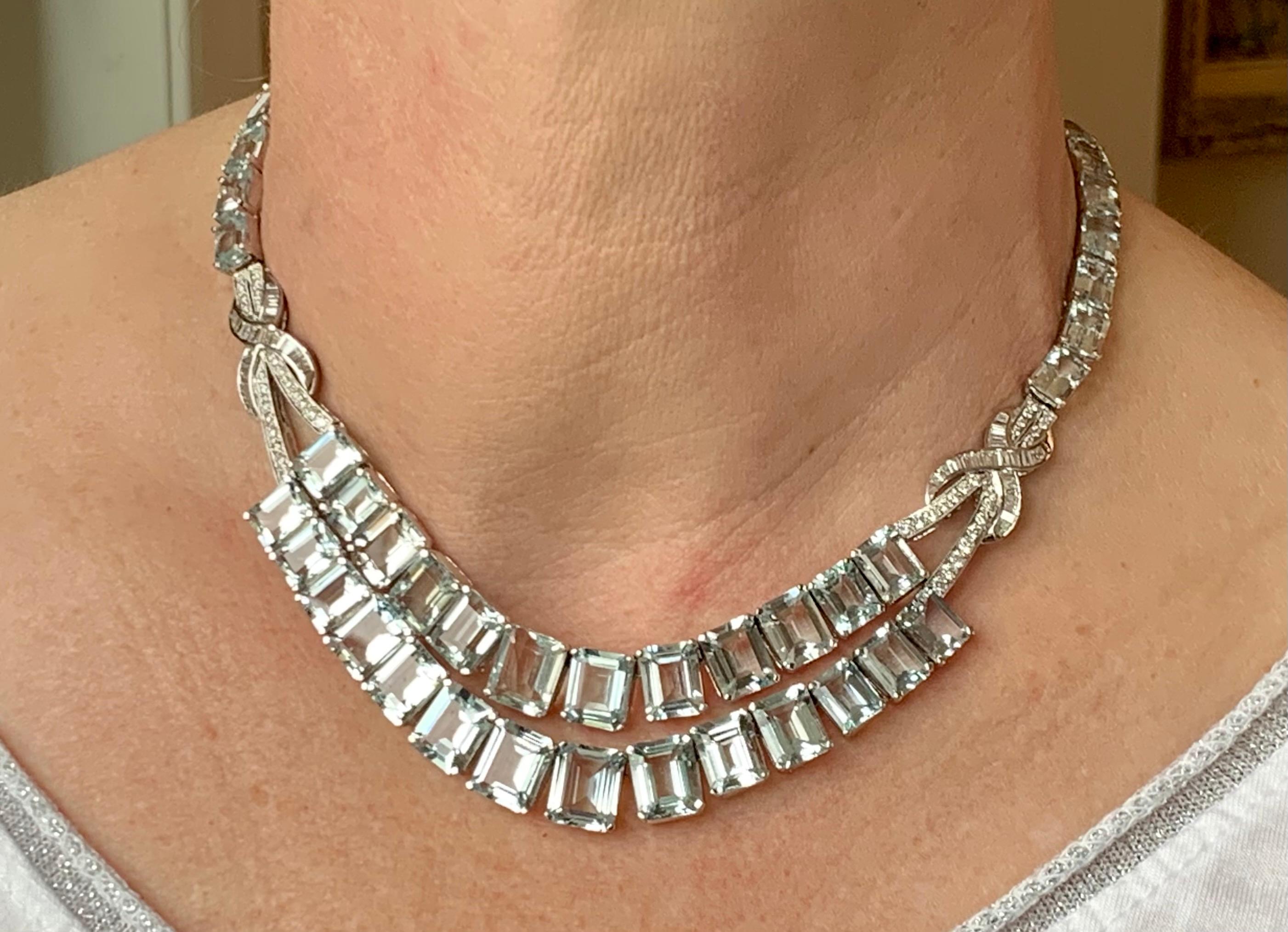 Round Cut 18 Karat White Gold Vintage Diamond and Aquamarine Necklace