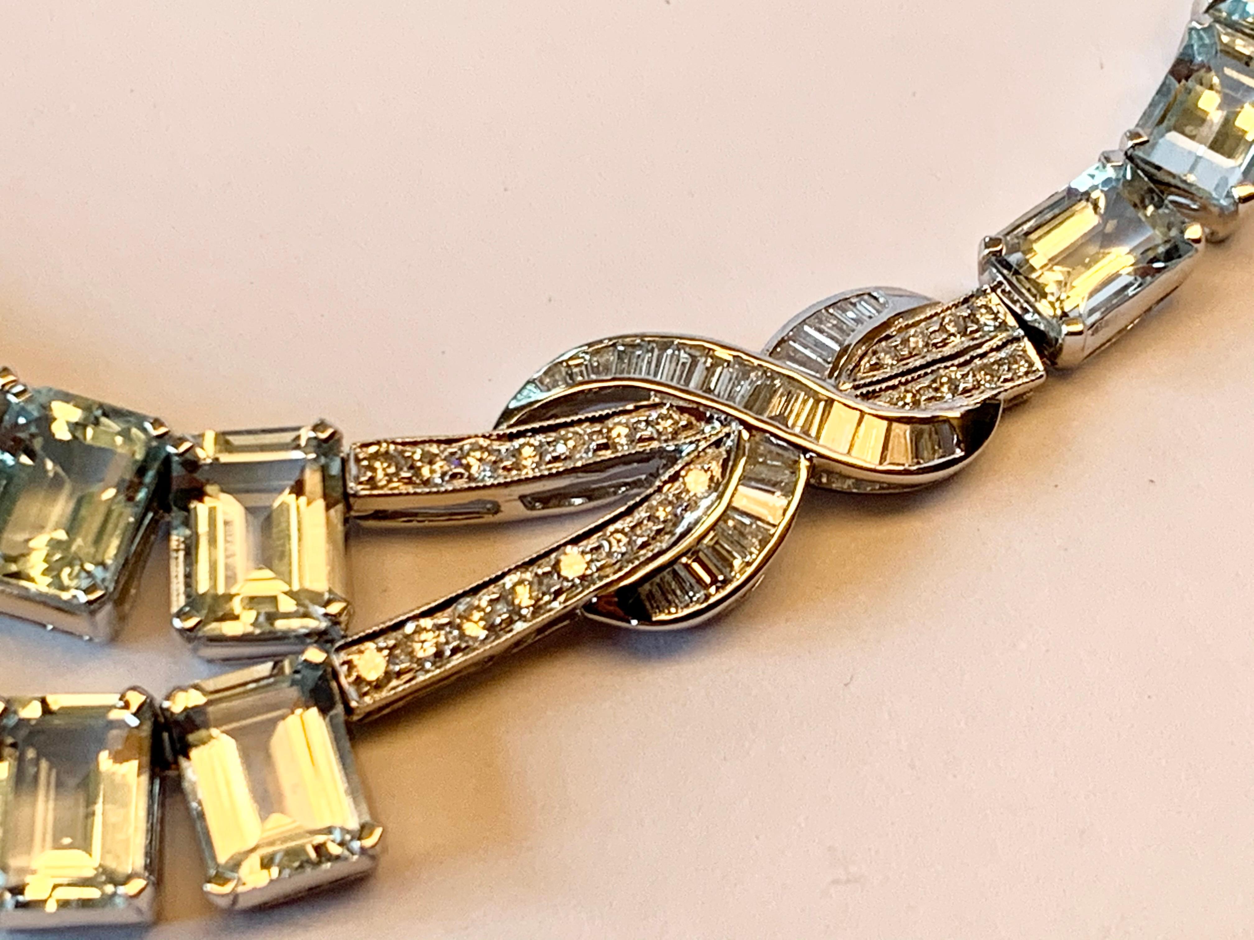 Women's 18 Karat White Gold Vintage Diamond and Aquamarine Necklace For Sale