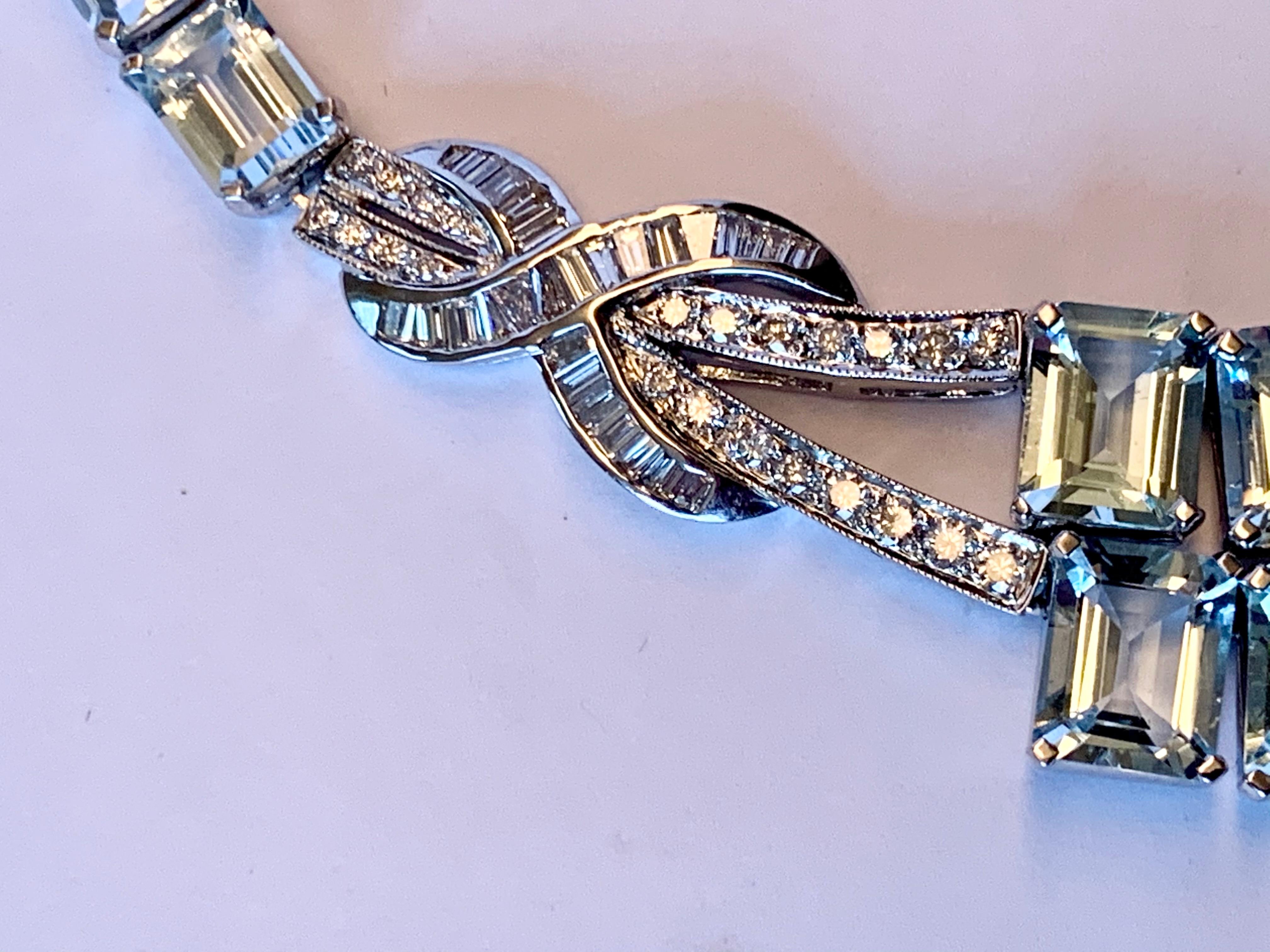 18 Karat White Gold Vintage Diamond and Aquamarine Necklace For Sale 1
