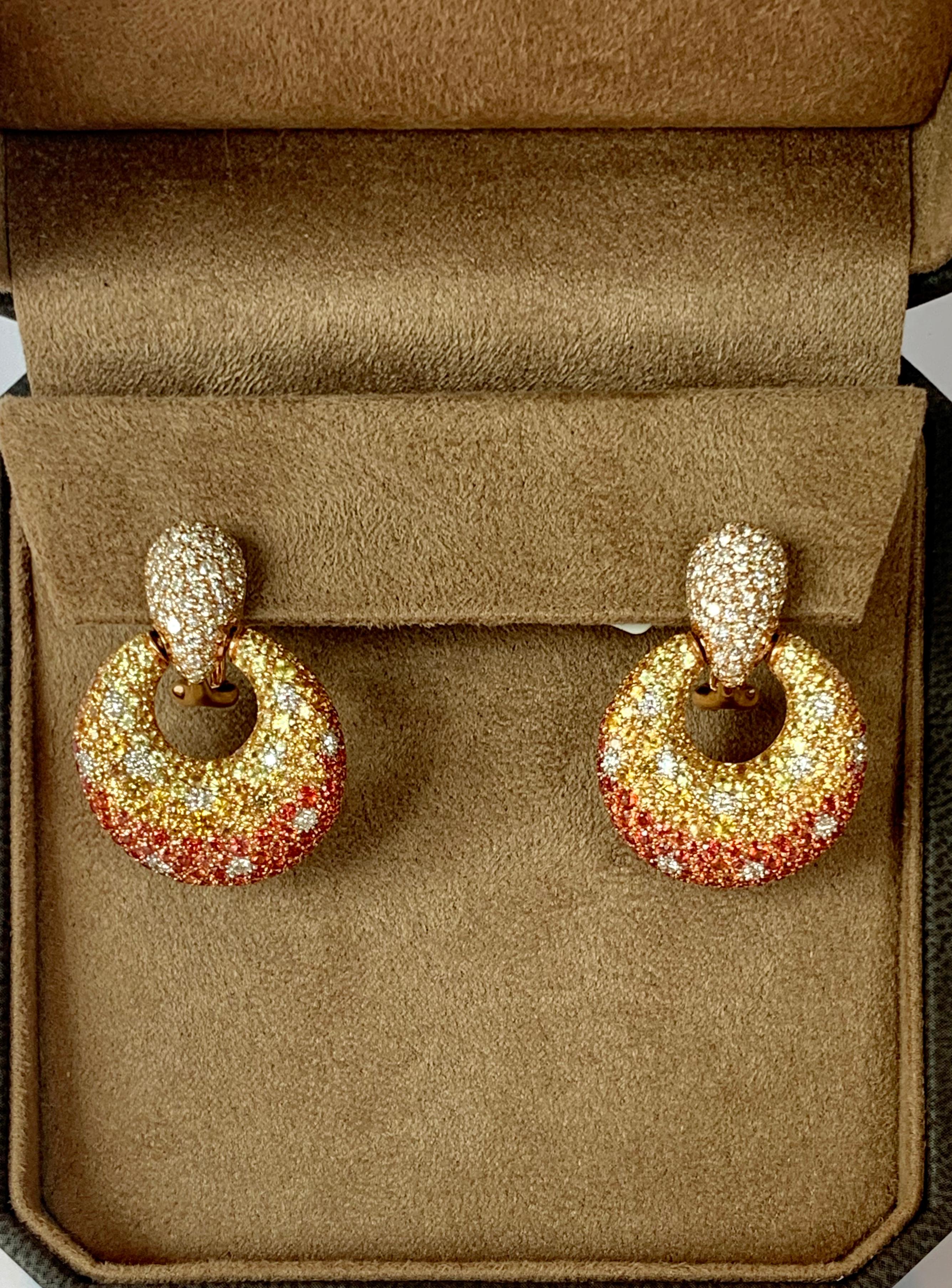 Eye-Catching 18 Karat Pink Gold Earrings Orange and Yellow Sapphire and Diamonds For Sale 4