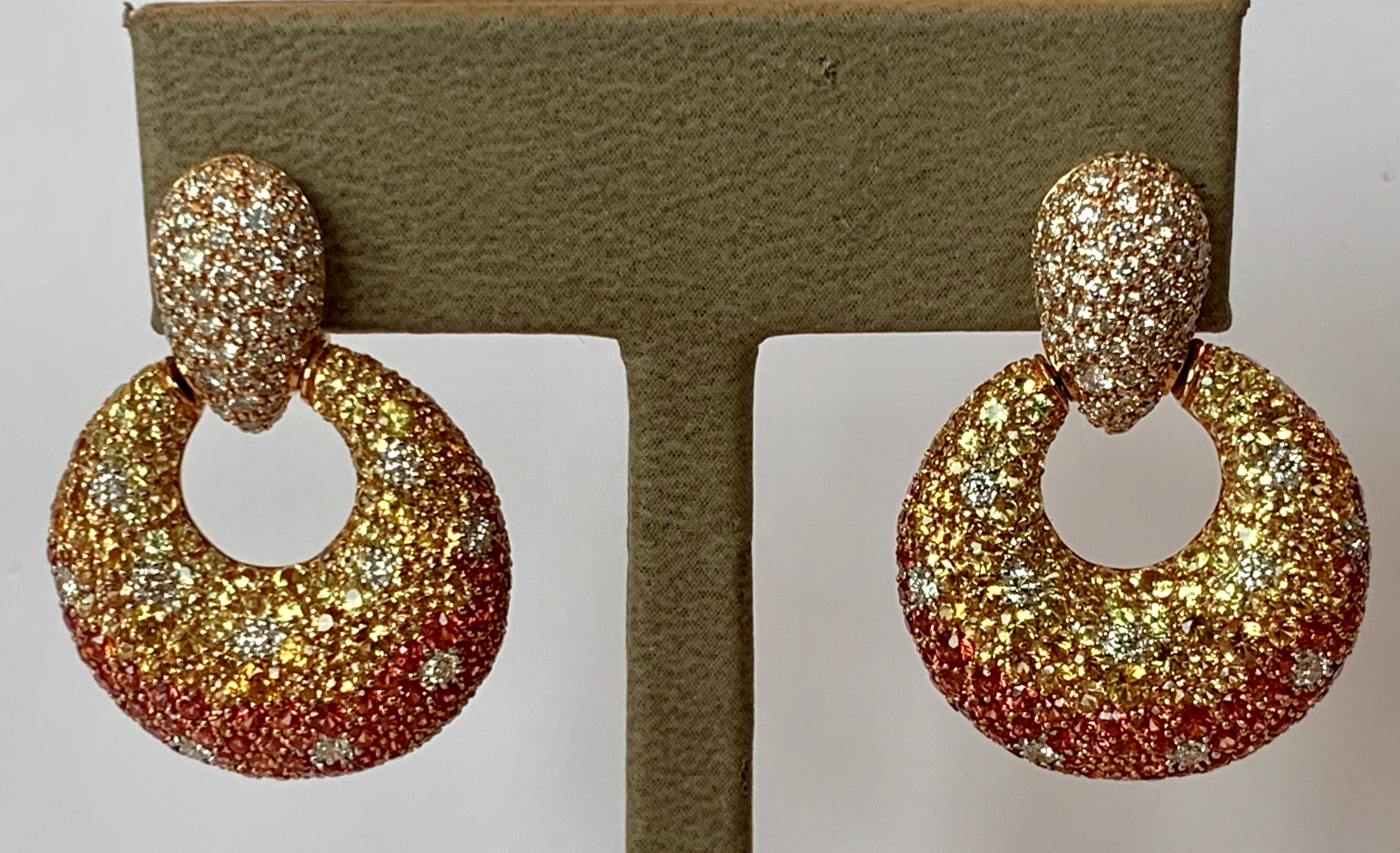 Contemporary Eye-Catching 18 Karat Pink Gold Earrings Orange and Yellow Sapphire and Diamonds For Sale