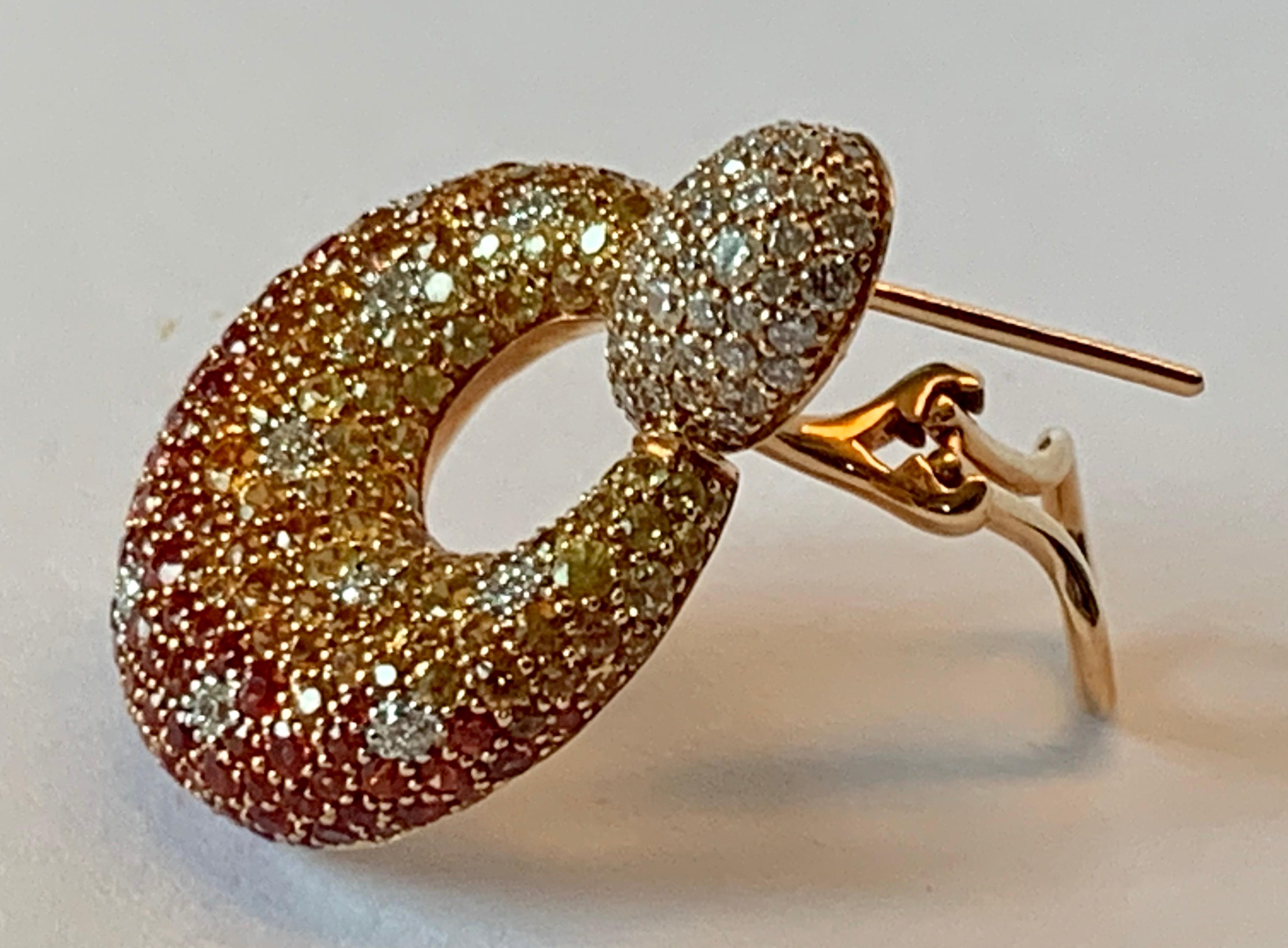 Women's or Men's Eye-Catching 18 Karat Pink Gold Earrings Orange and Yellow Sapphire and Diamonds For Sale