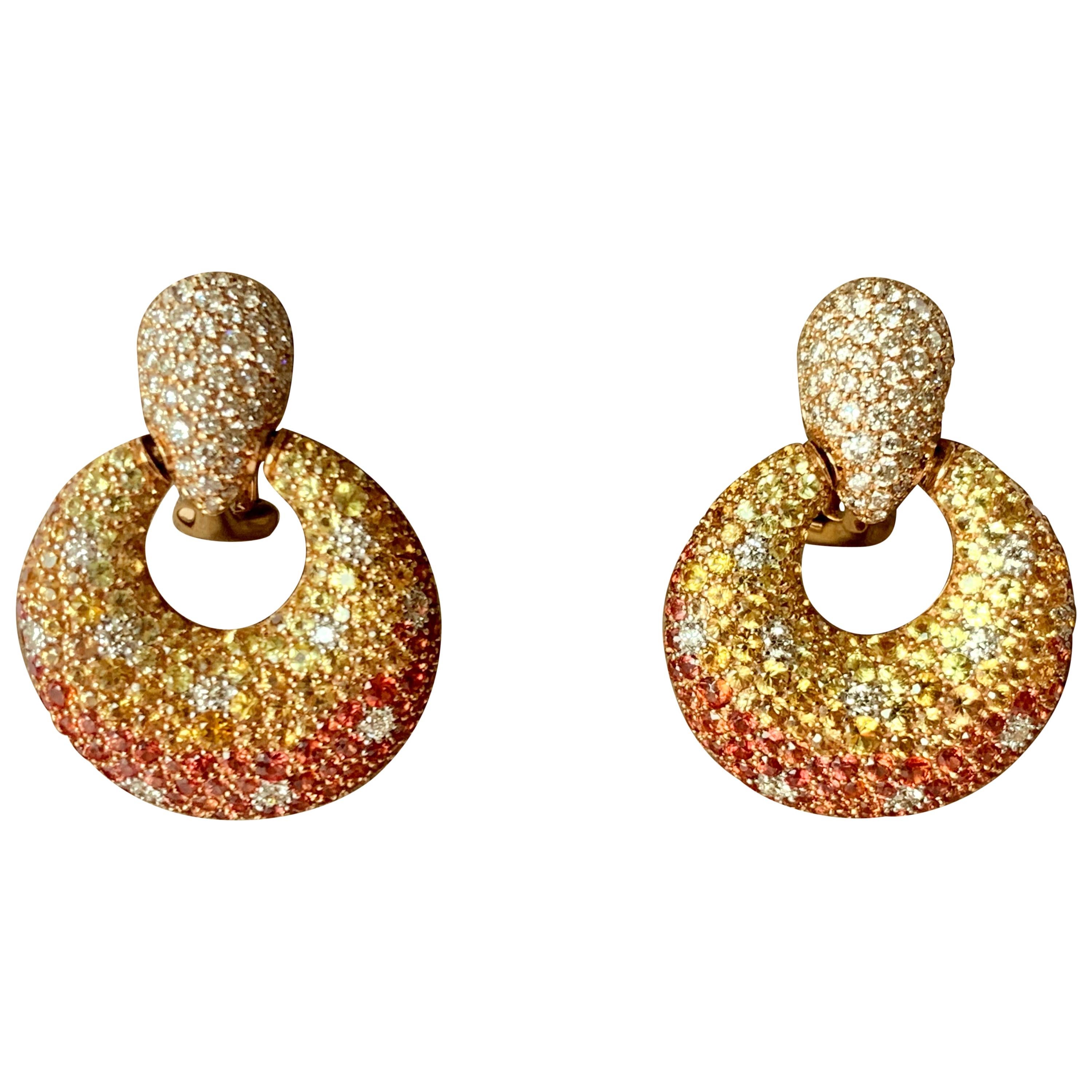 Eye-Catching 18 Karat Pink Gold Earrings Orange and Yellow Sapphire and Diamonds For Sale