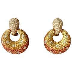 Eye-Catching 18 Karat Pink Gold Earrings Orange and Yellow Sapphire and Diamonds