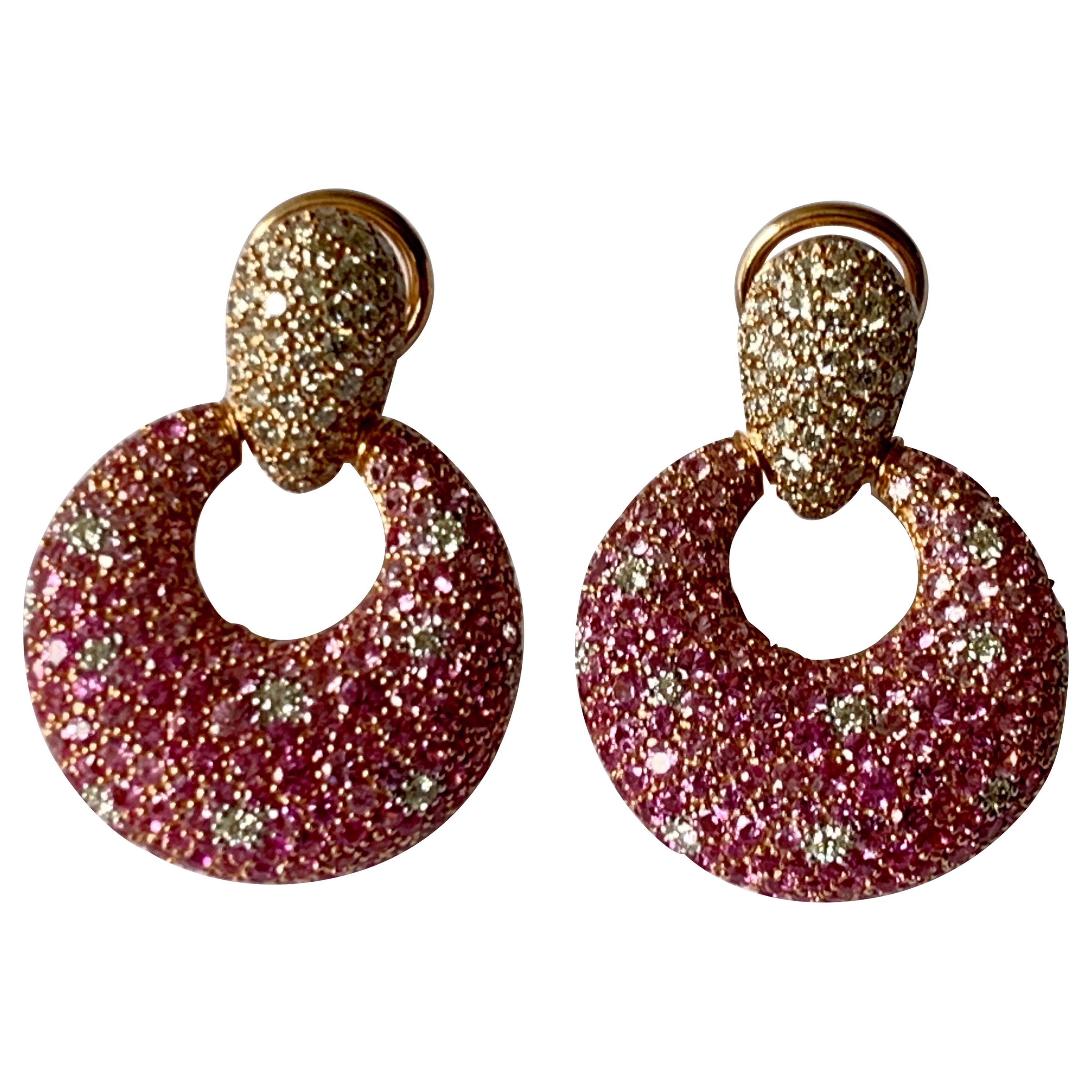Eye-catching 18 Karat Pink Gold Earrings Pink Sapphire and Diamonds For Sale