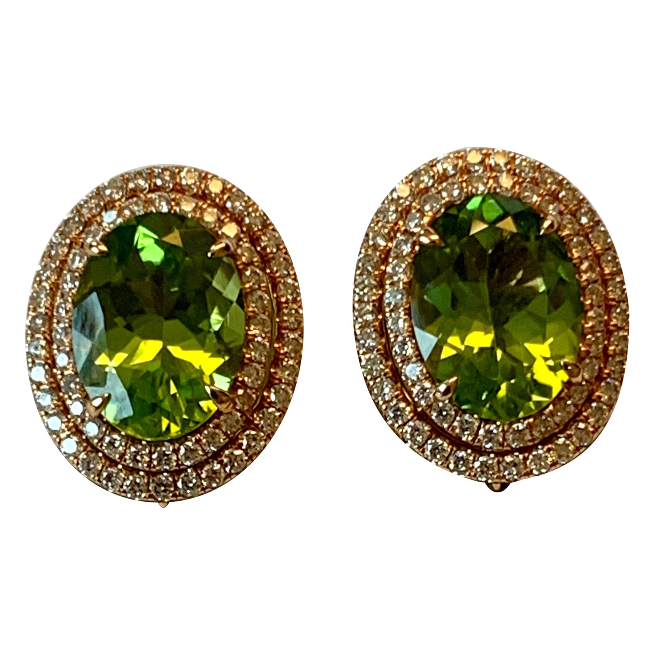 Eye-Catching 18 Karat Rose Gold Double Row Diamonds and Peridot Halo Earrstuds For Sale