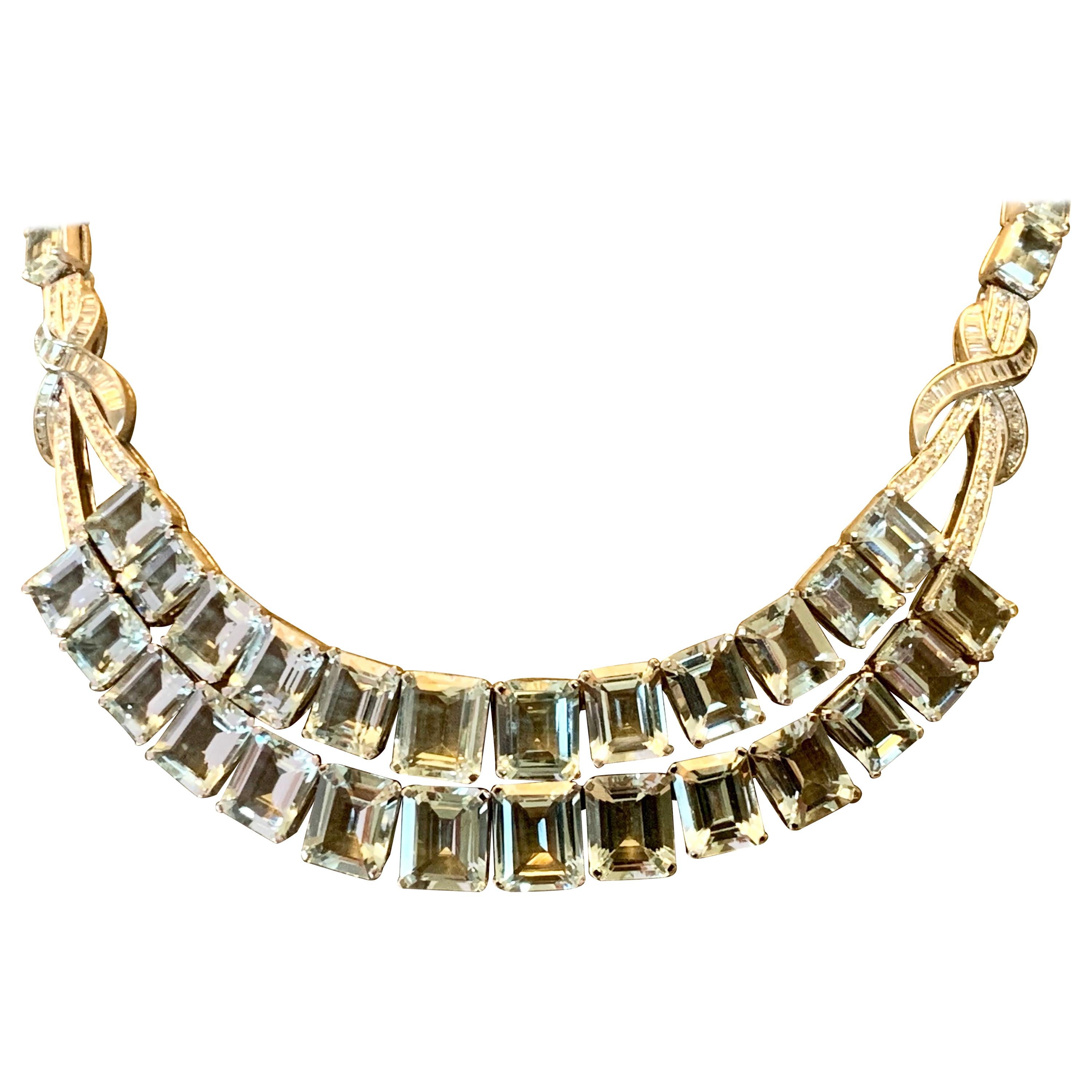 18 Karat White Gold Vintage Diamond and Aquamarine Necklace For Sale