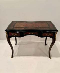 Eye Catching Black Laquer & Reddish Faux Tortoise Brass Inlaid Desk