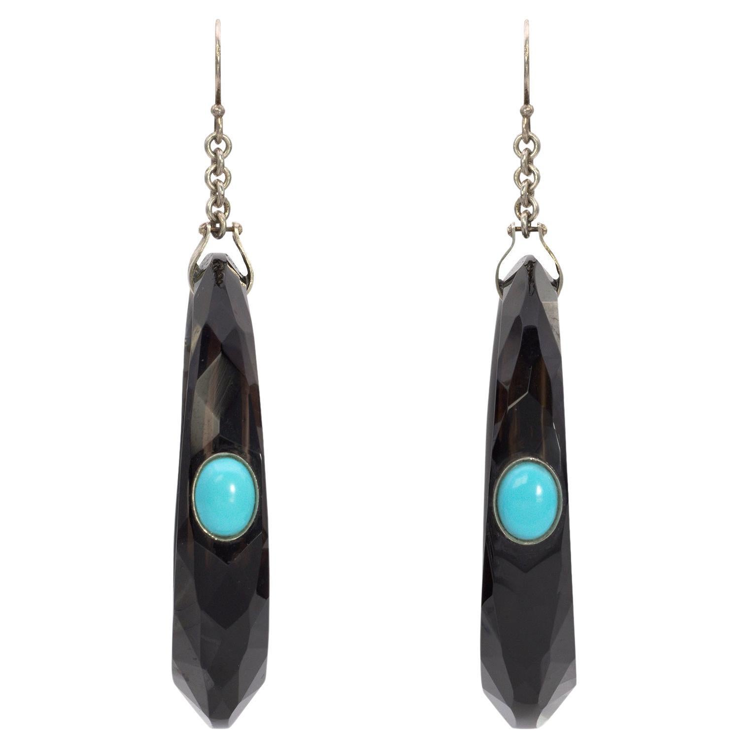 Eye catching Black Onyx earrings with Turquoise designed by Merideth McGregor  For Sale