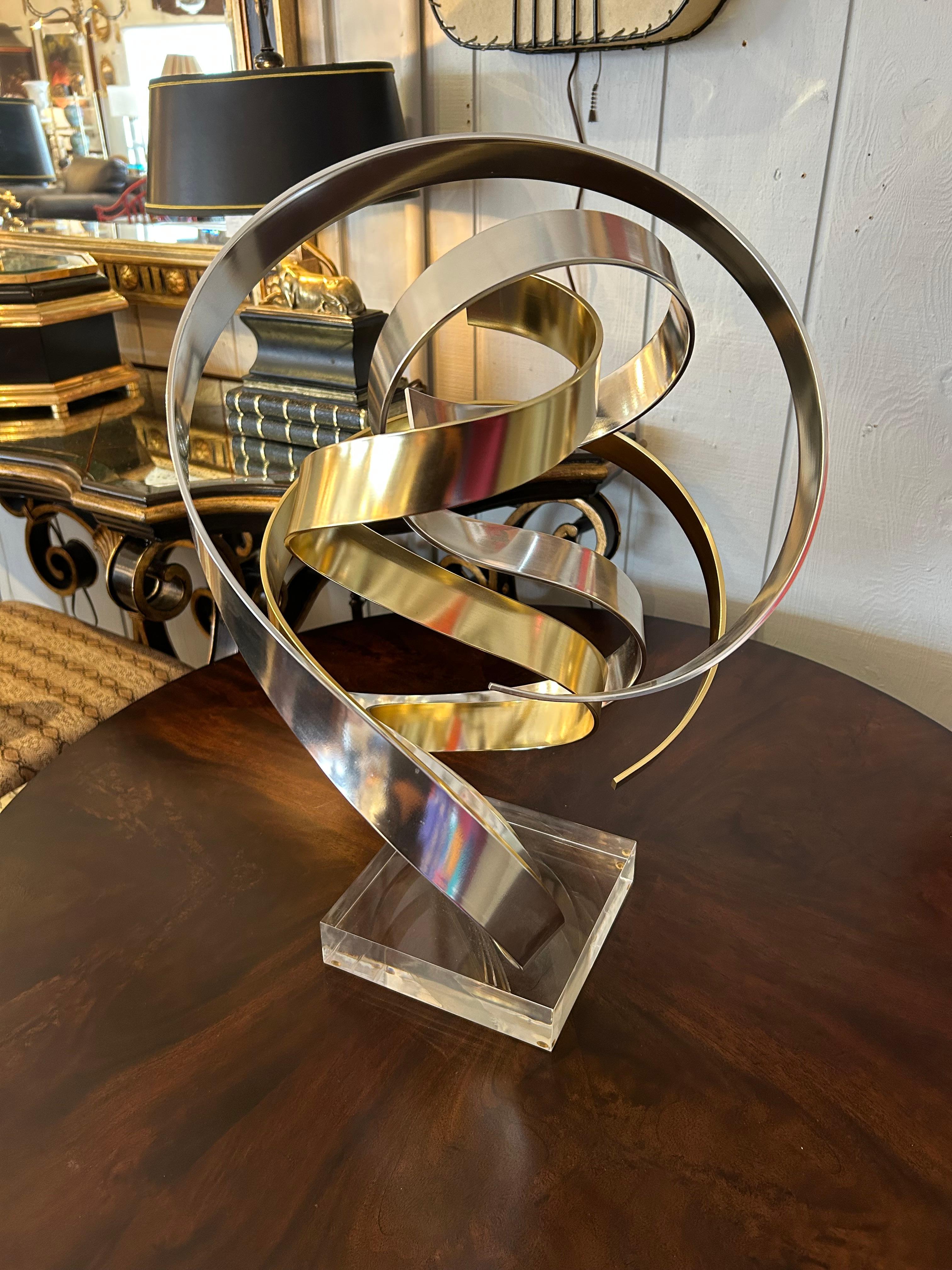 Eye Catching Chrome and Brass Ribbon Motif Abstract Tabletop Sculpture For Sale 4