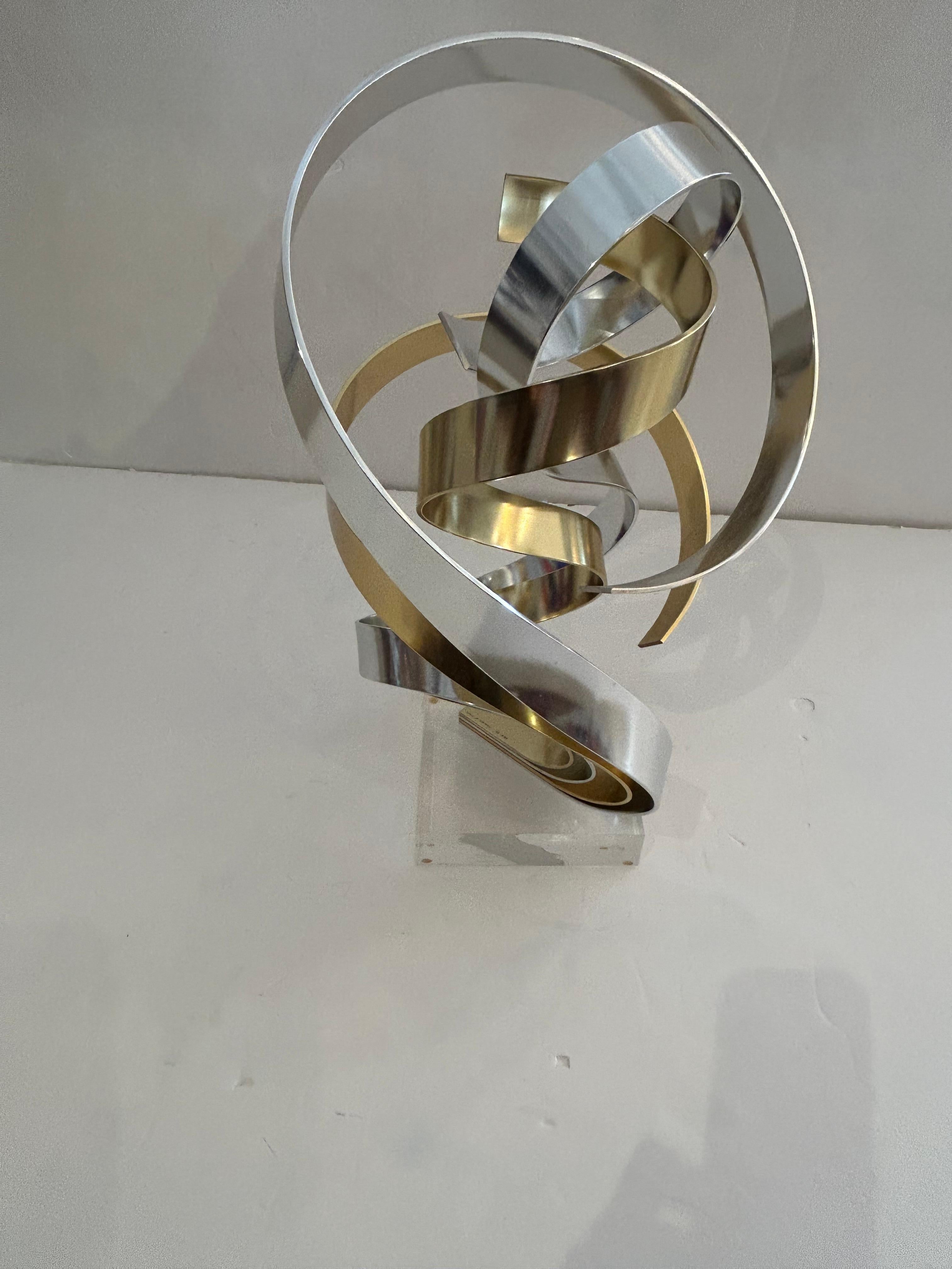 Modern Eye Catching Chrome and Brass Ribbon Motif Abstract Tabletop Sculpture For Sale