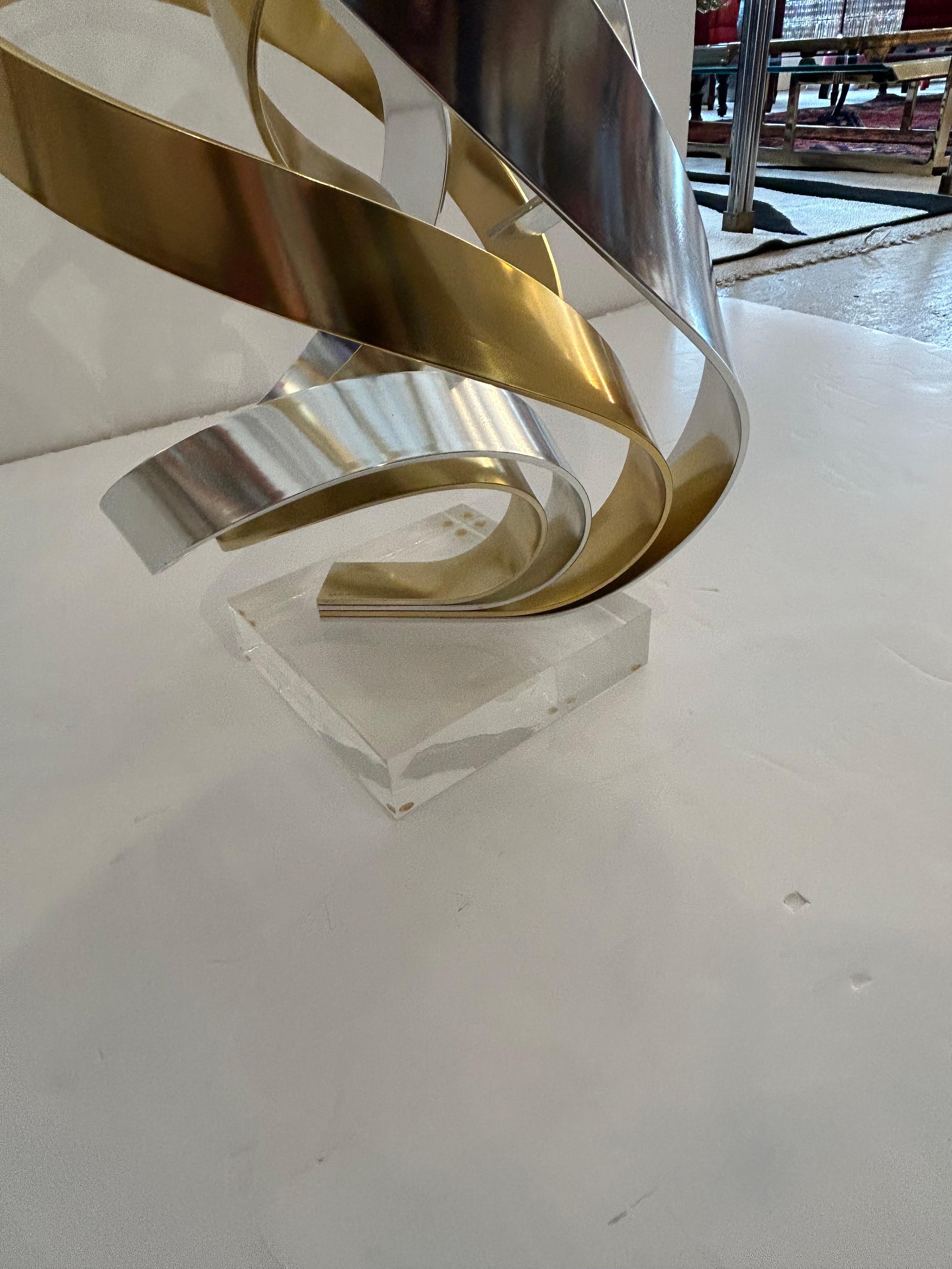 American Eye Catching Chrome and Brass Ribbon Motif Abstract Tabletop Sculpture For Sale