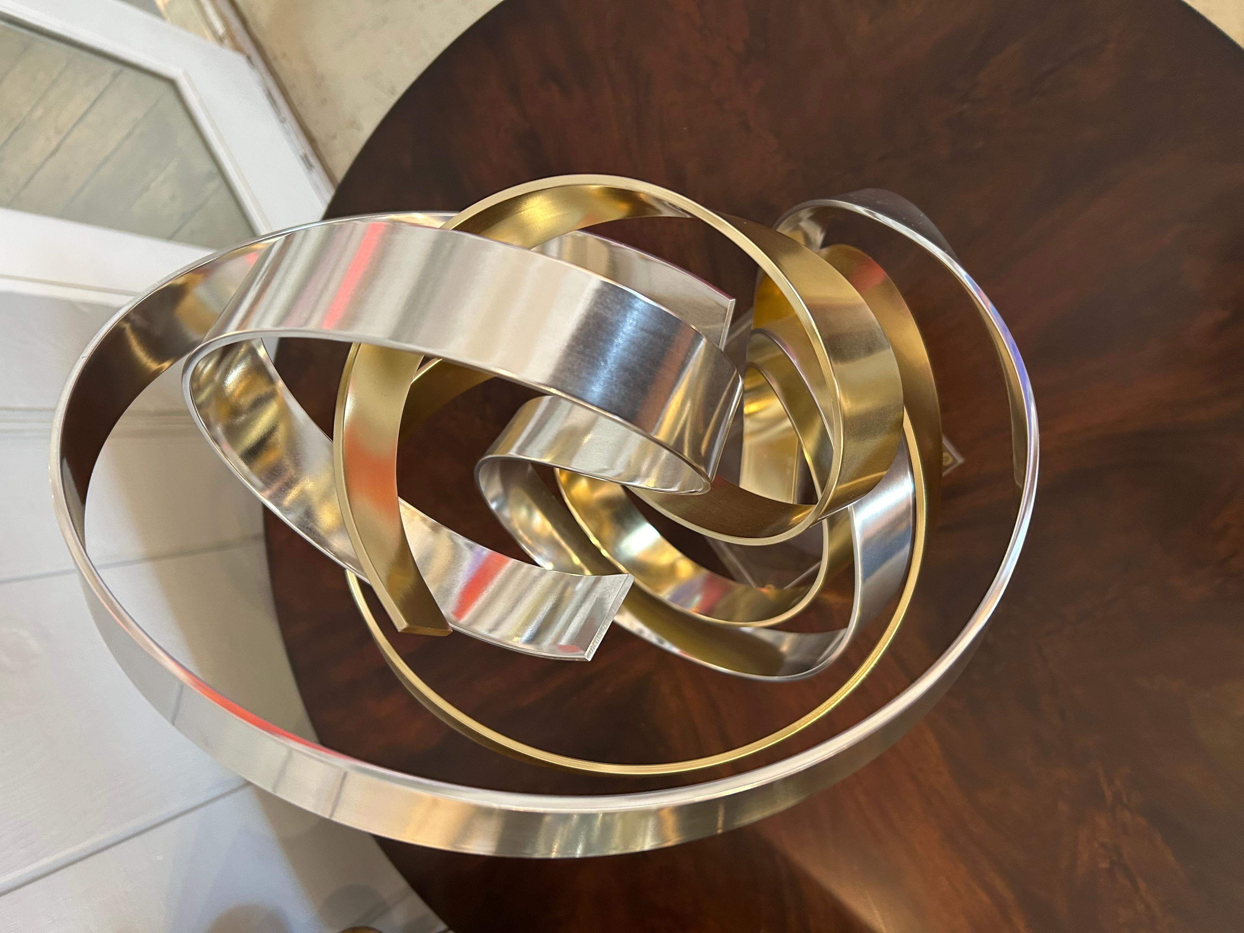 Eye Catching Chrome and Brass Ribbon Motif Abstract Tabletop Sculpture In Good Condition For Sale In Hopewell, NJ