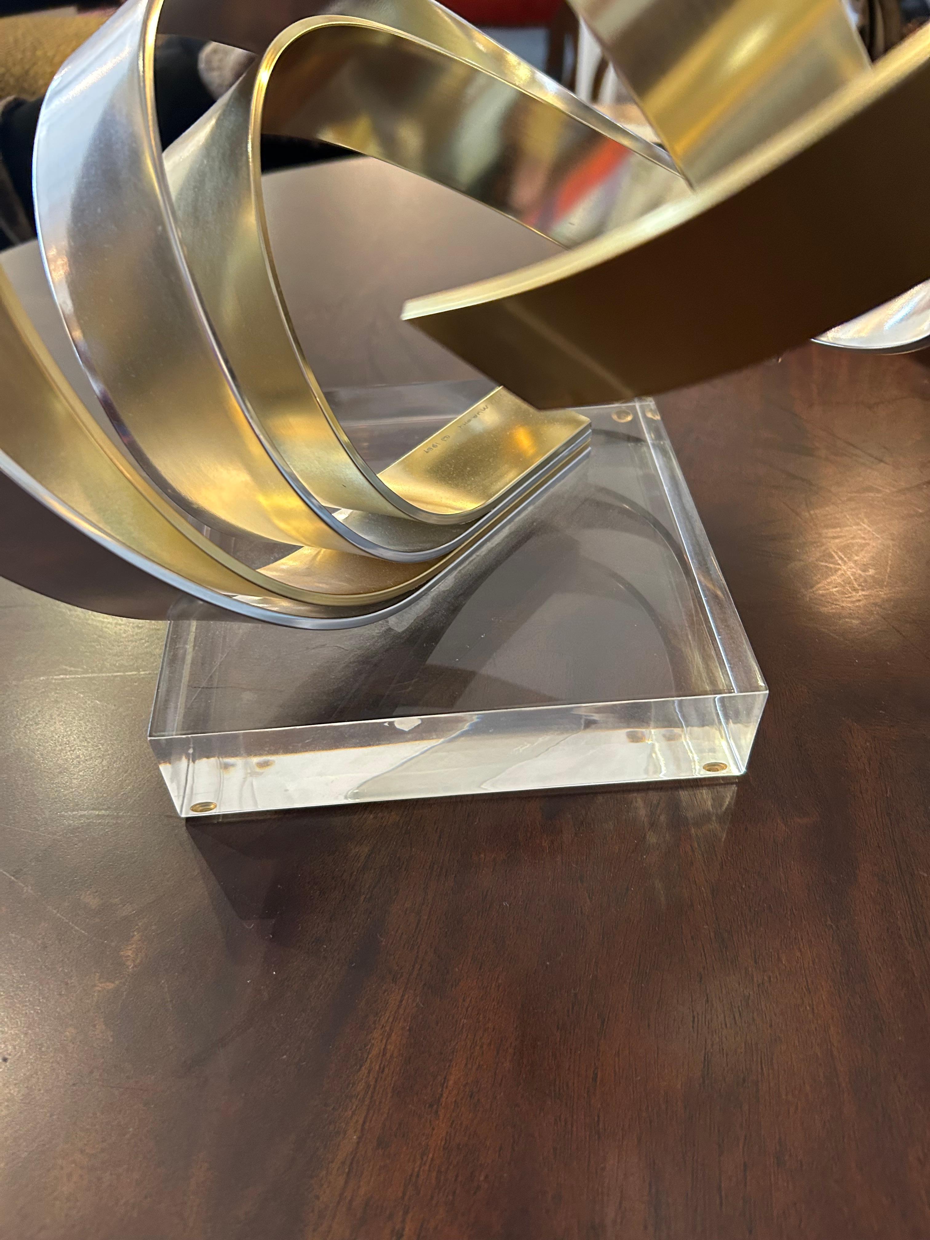Eye Catching Chrome and Brass Ribbon Motif Abstract Tabletop Sculpture For Sale 1