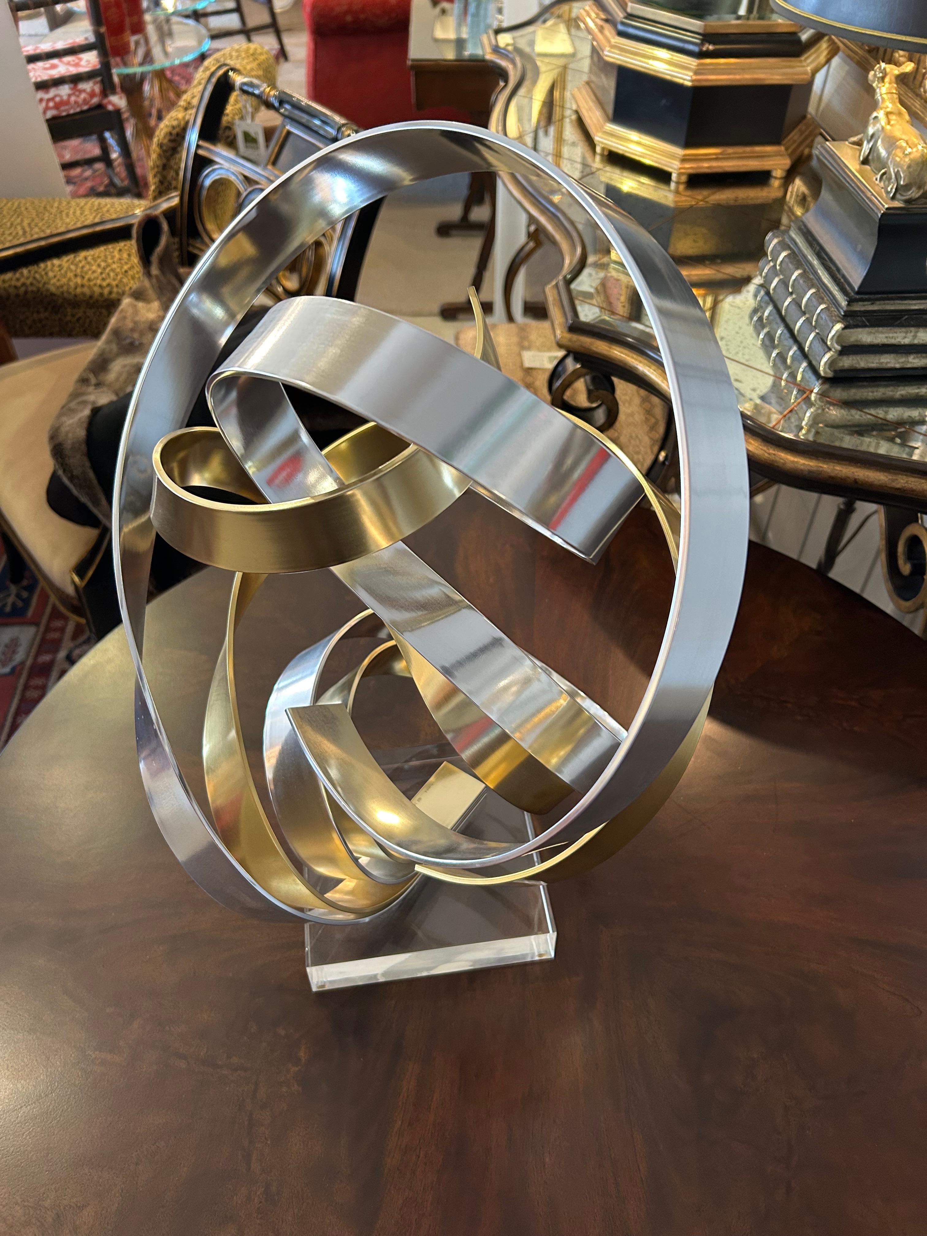 Eye Catching Chrome and Brass Ribbon Motif Abstract Tabletop Sculpture For Sale 2