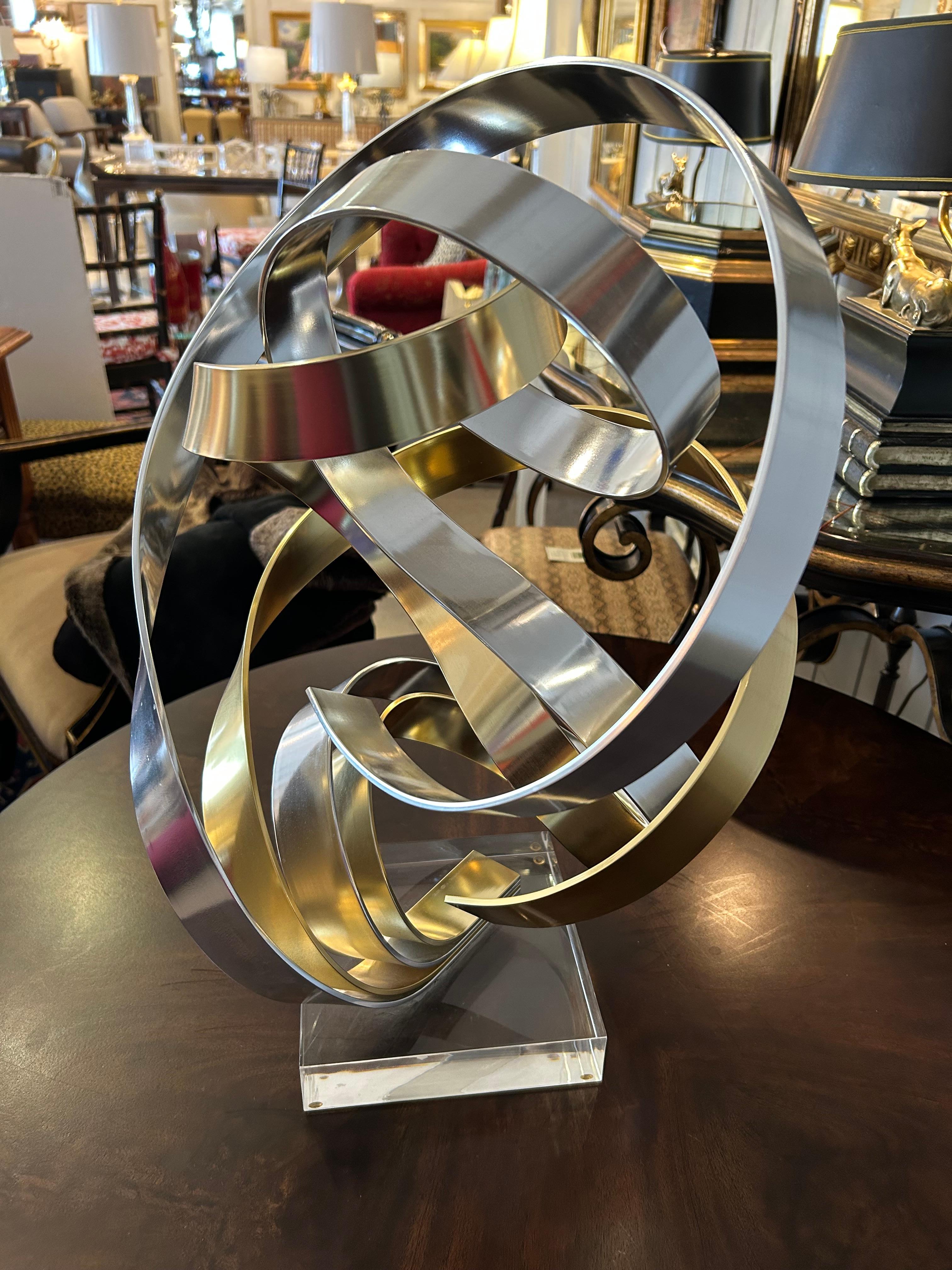 Eye Catching Chrome and Brass Ribbon Motif Abstract Tabletop Sculpture For Sale 3
