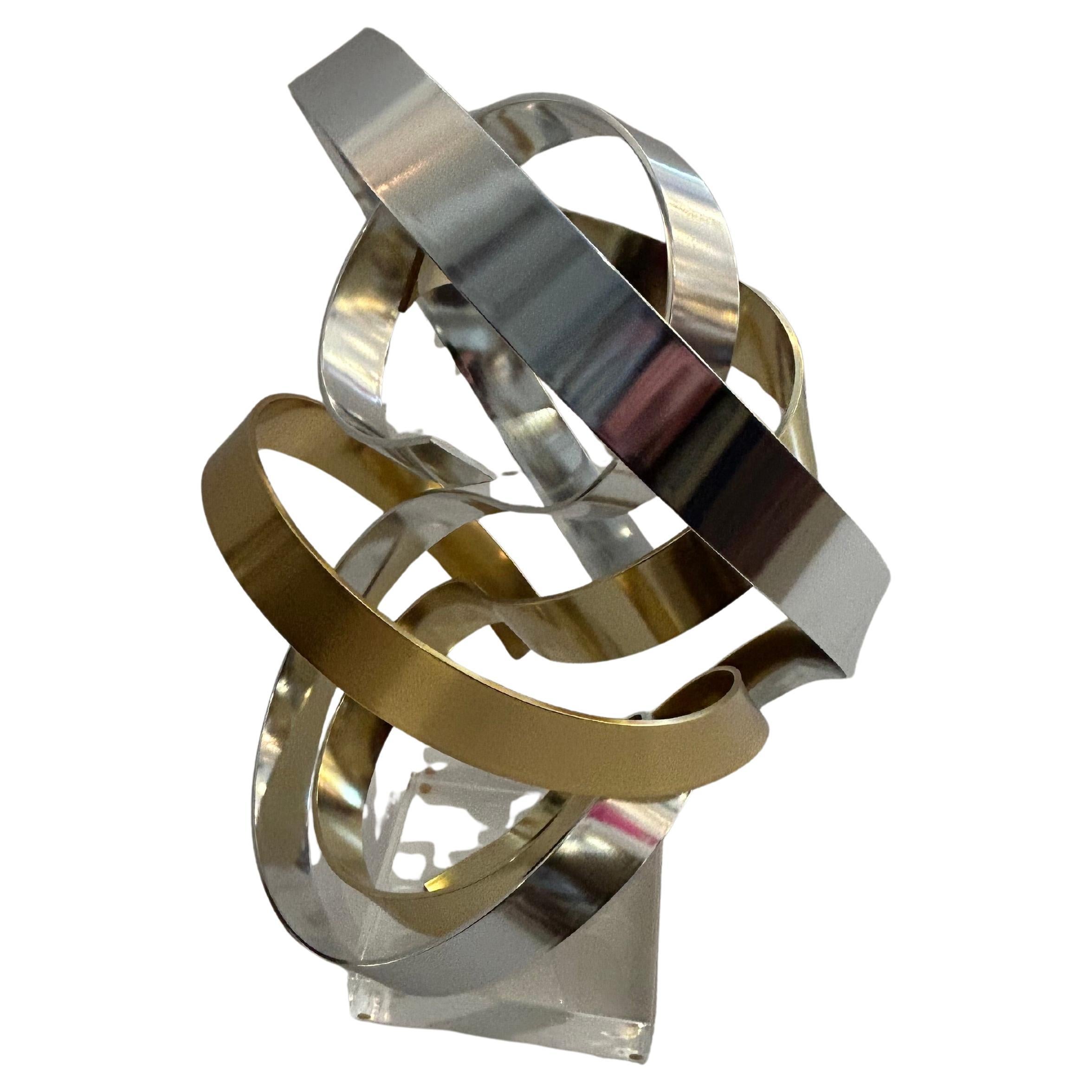 Eye Catching Chrome and Brass Ribbon Motif Abstract Tabletop Sculpture For Sale
