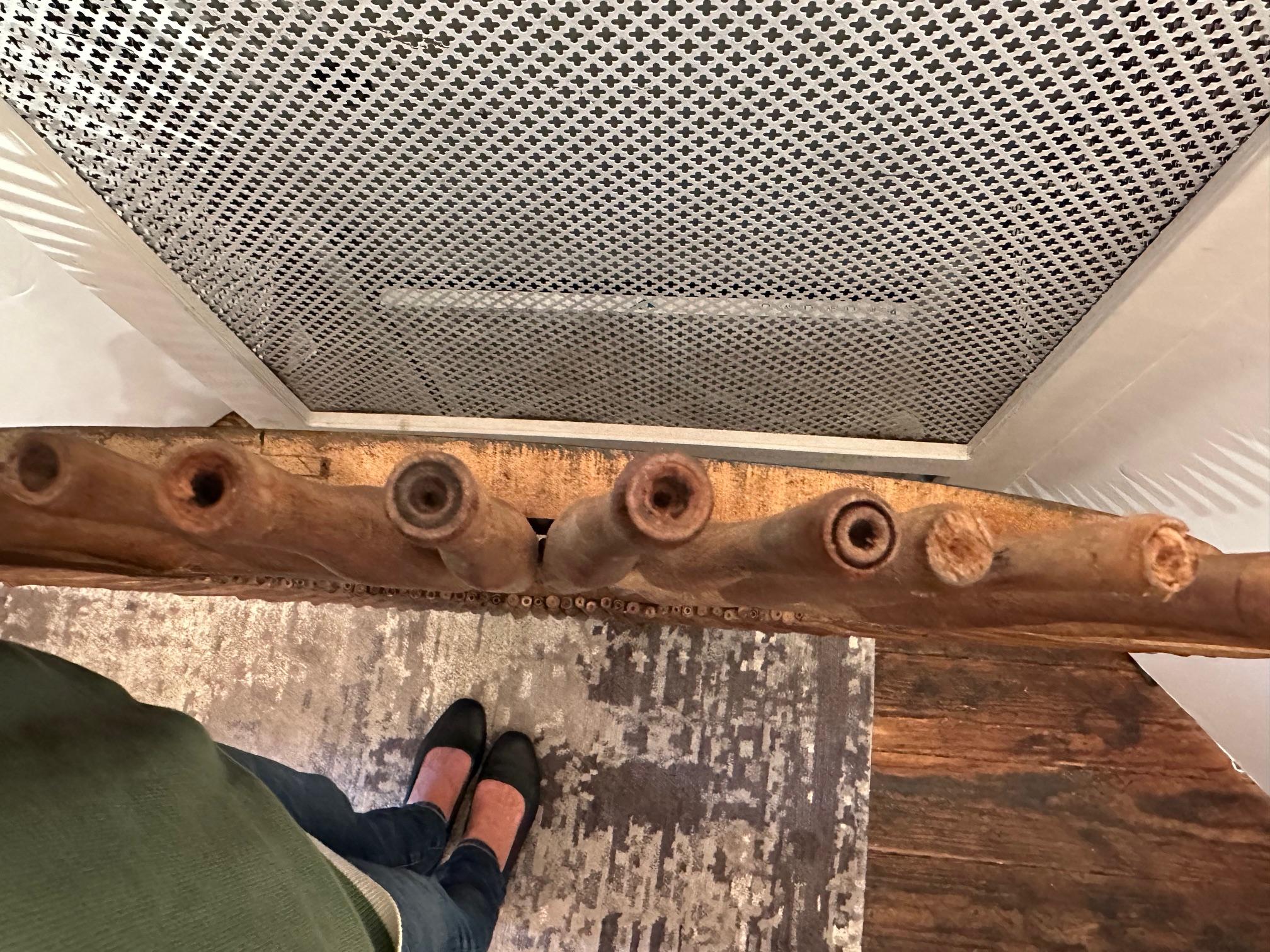 Eye Catching Large Round Mirror with Rustic Wooden Rolling Pins For Sale 9